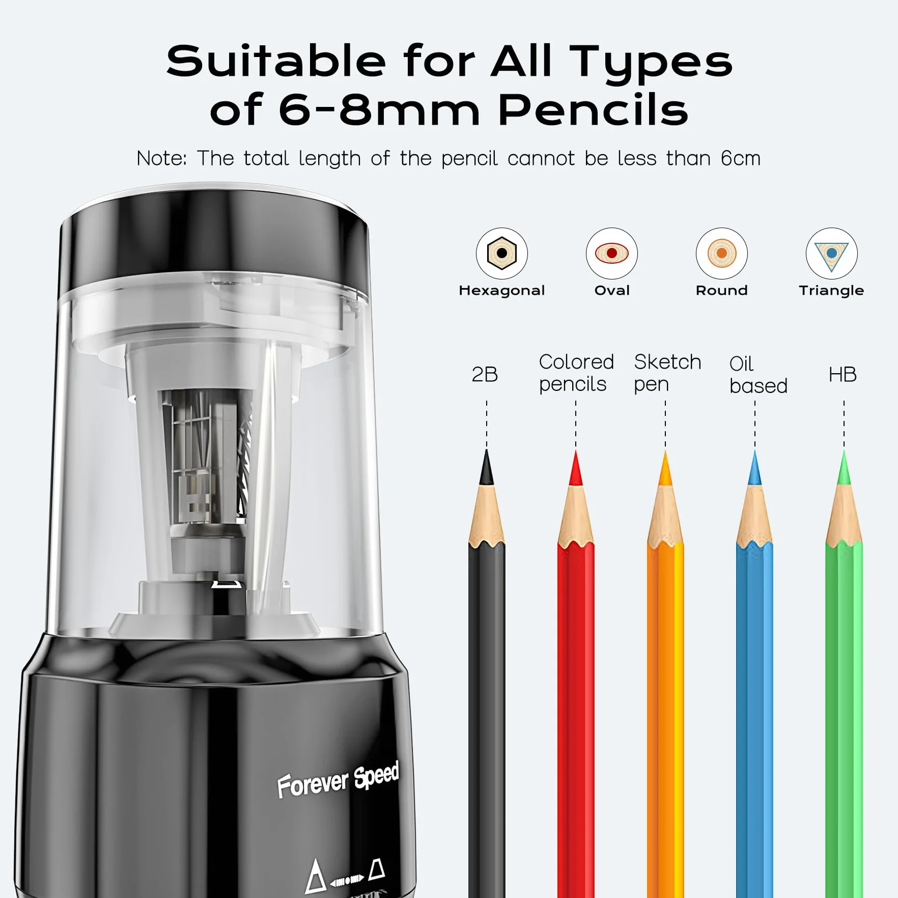 Forever Speed taille-crayon électrique professionnel rechargeable USB pour crayons 6-8 mm bureau classe maison