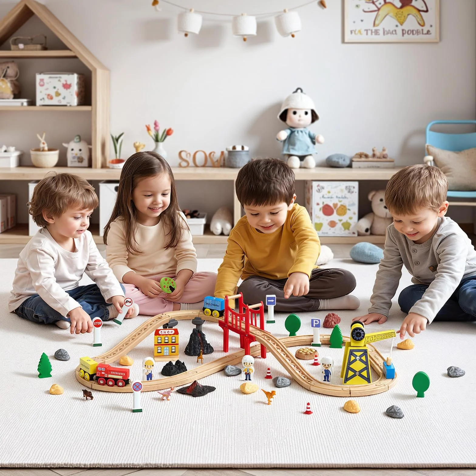 VEVOR Circuit de Train Bois Enfants 70 PCS Ensemble Rails, avec Grue Magnétique, Compatible Grandes Marques