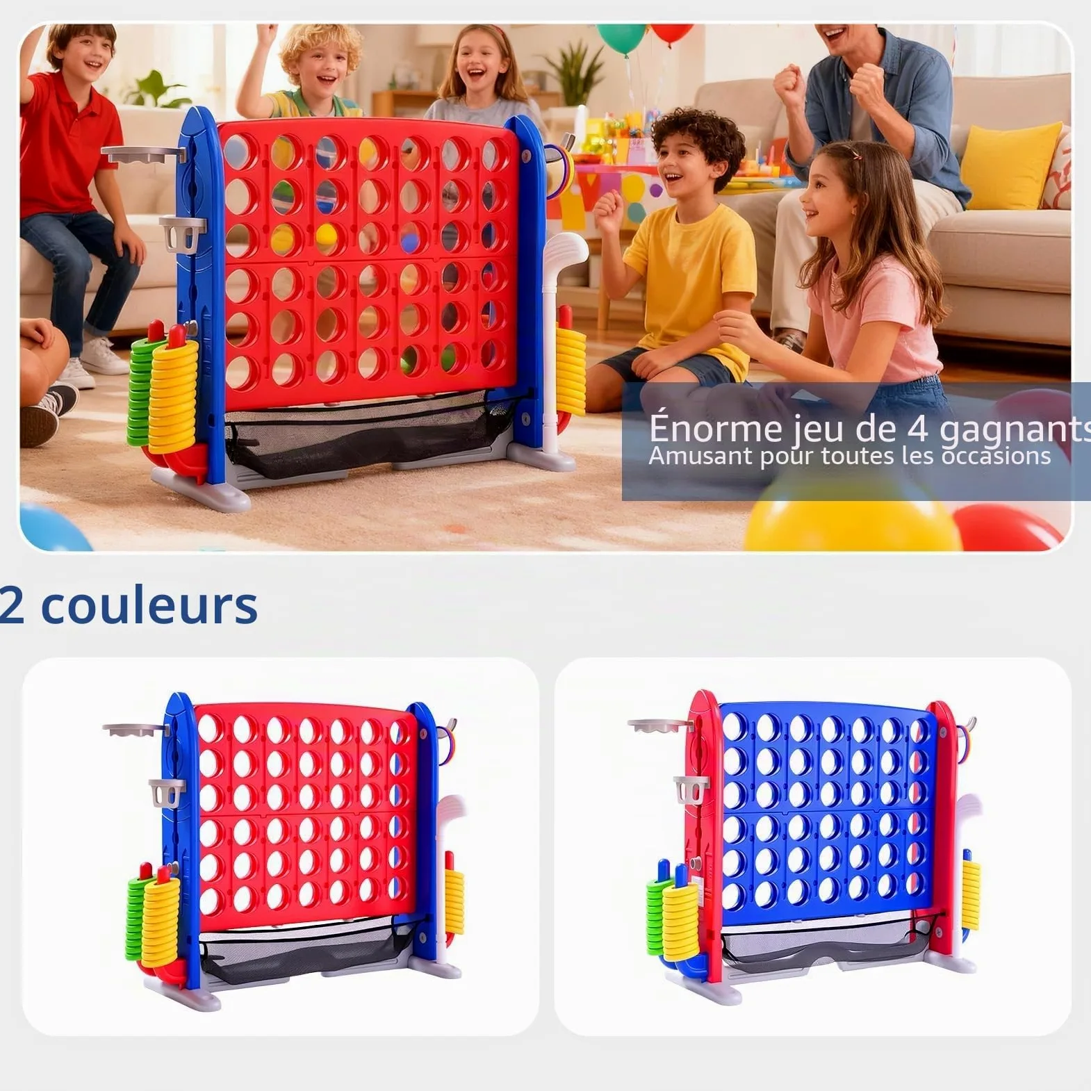 Jeux Puissance 4 Géant Réglable Hauteur avec 42 Anneaux Géants 1 Filet,Jeu de Stratégie avec Porte-Anneaux,Levier de Réinitialisation pour Enfants Adultes,Jeu d'Extérieur/Intérieur pour Enfants Et Fam