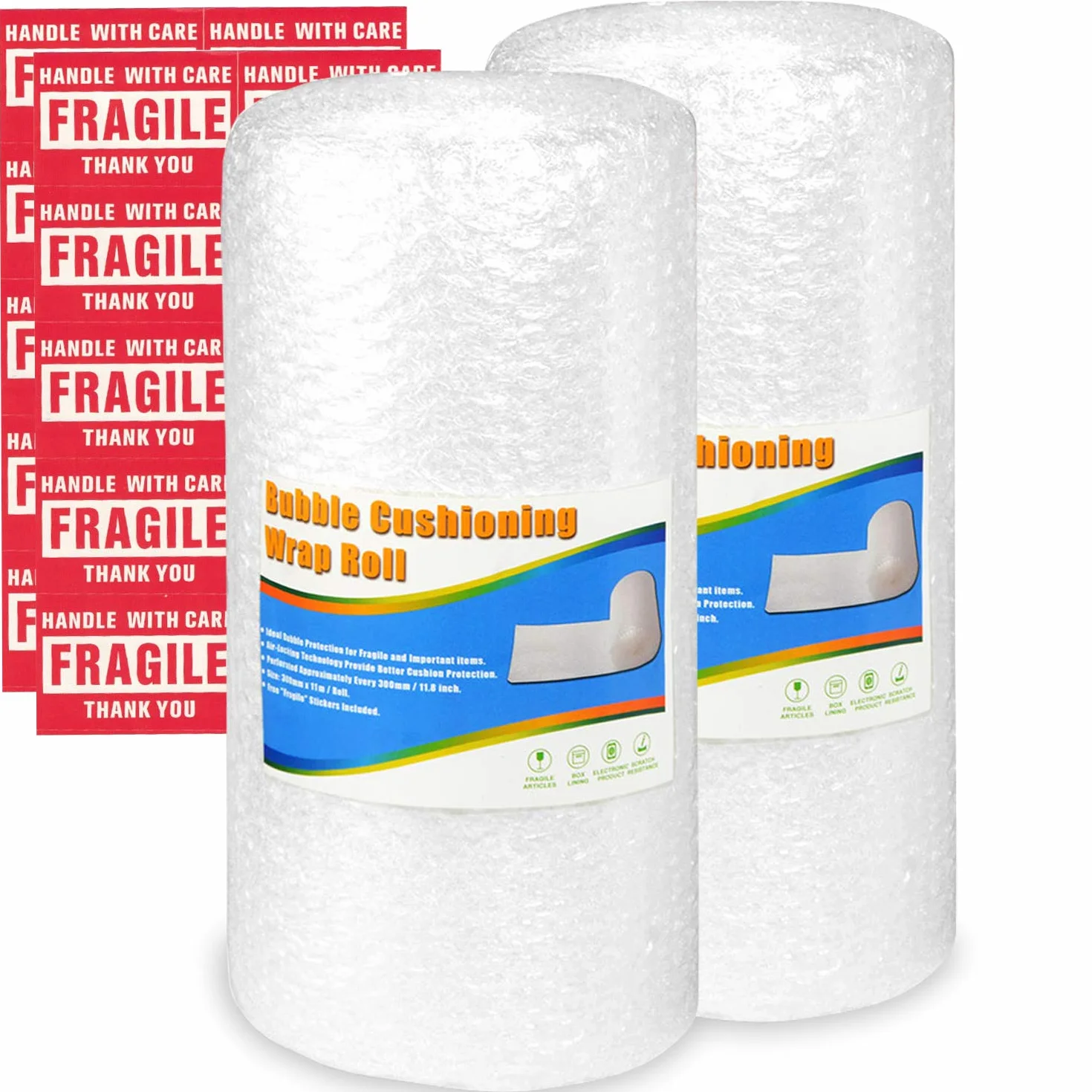 Papier à bulles 300 mm x 11 m rouleau, perforé tous les 30 cm, 20 autocollants fragiles inclus – film à bulles pour déménagement