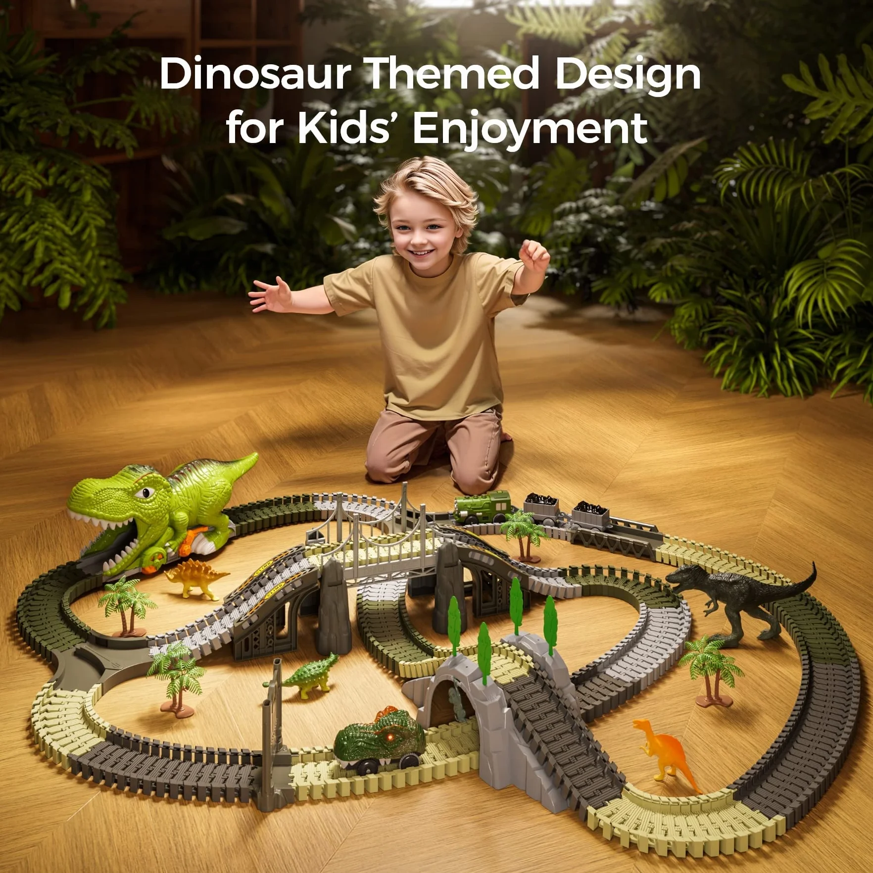 Dinosaure Jouet Piste de Course 281 Pièces Train Dinosaures Cadeau Enfants 3-6 Ans Chemins Fer Flexibles 4 Dinosaures 2 Voitures Course Électriques Lumières