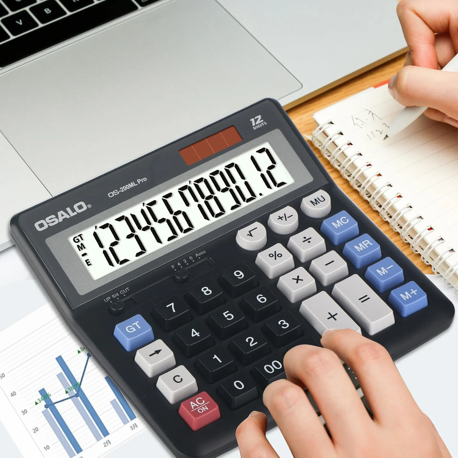 OSALO Calculatrice de bureau extra large grand écran LCD 12 chiffres comptabilité bouton réponse géant batterie solaire