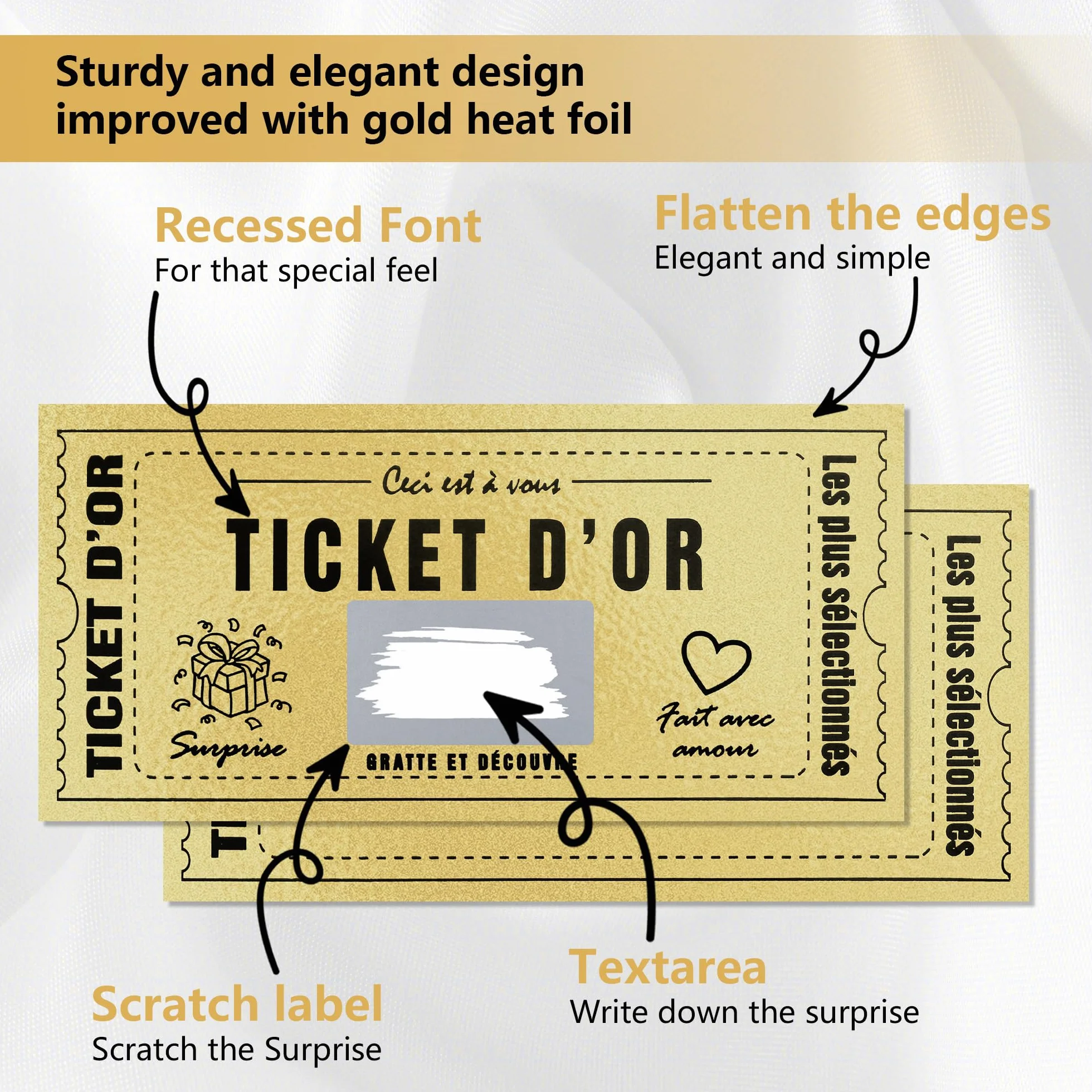 Carte à gratter Golden Ticket d'Or Personnalisable 6 Pièces Cadeau Surprise Anniversaire Saint-Valentin