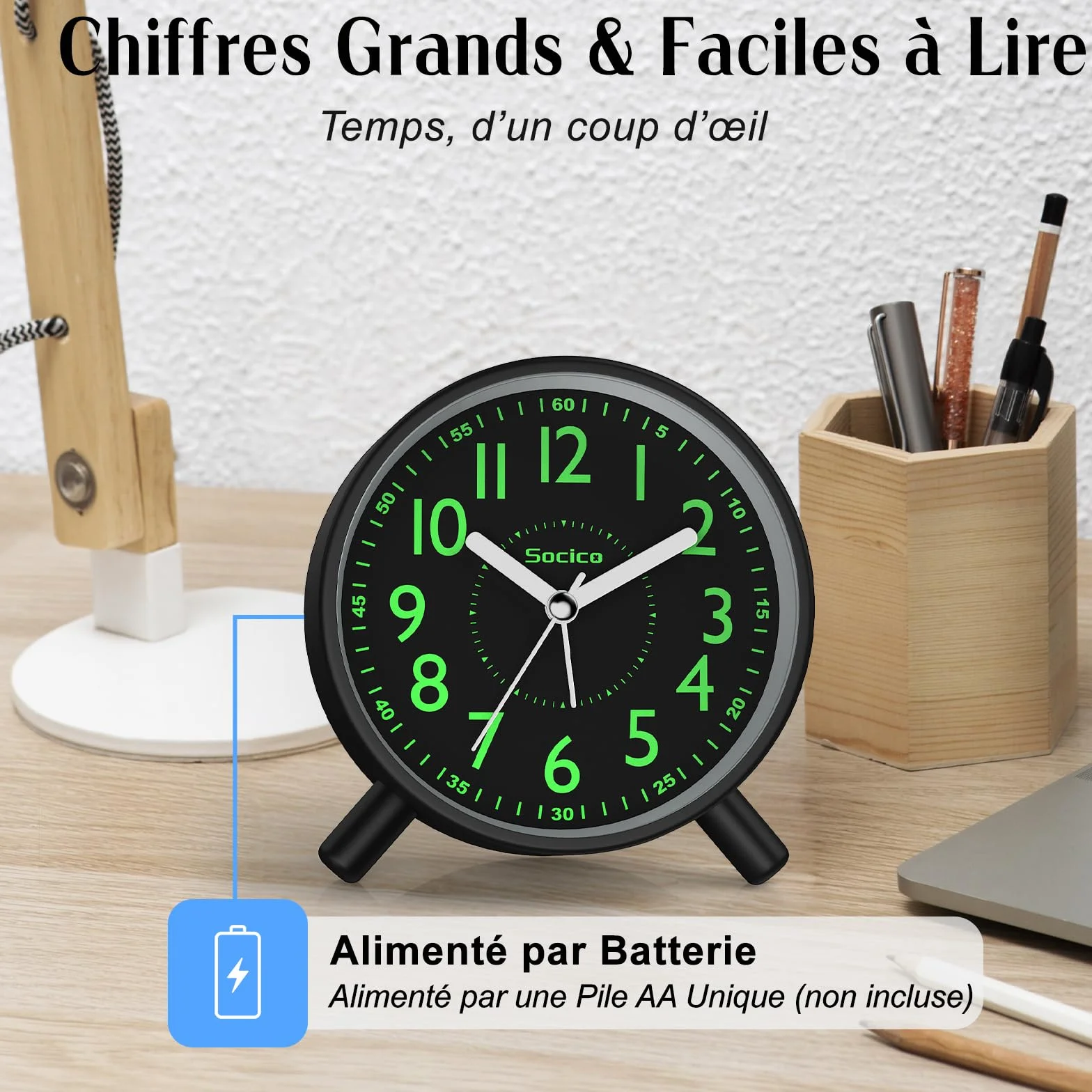 SOCICO Réveil Analogique Horloge de Chevet Rétro Ronde Métal Piles Veilleuse Fonction Snooze Noir