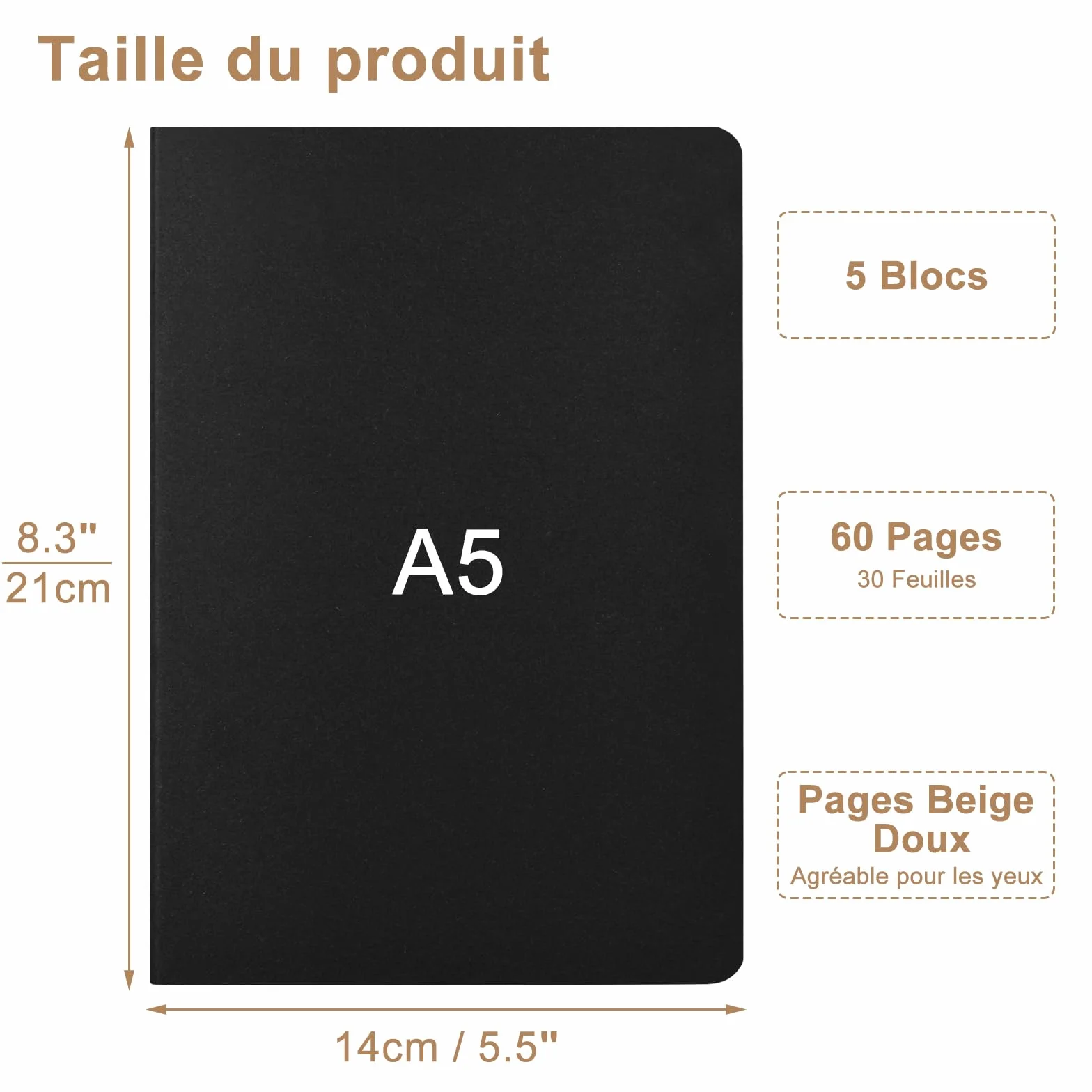 Cahiers A5 Lot de 5 Blocs Carnet de Notes Couverture Kraft Noir 60 Pages