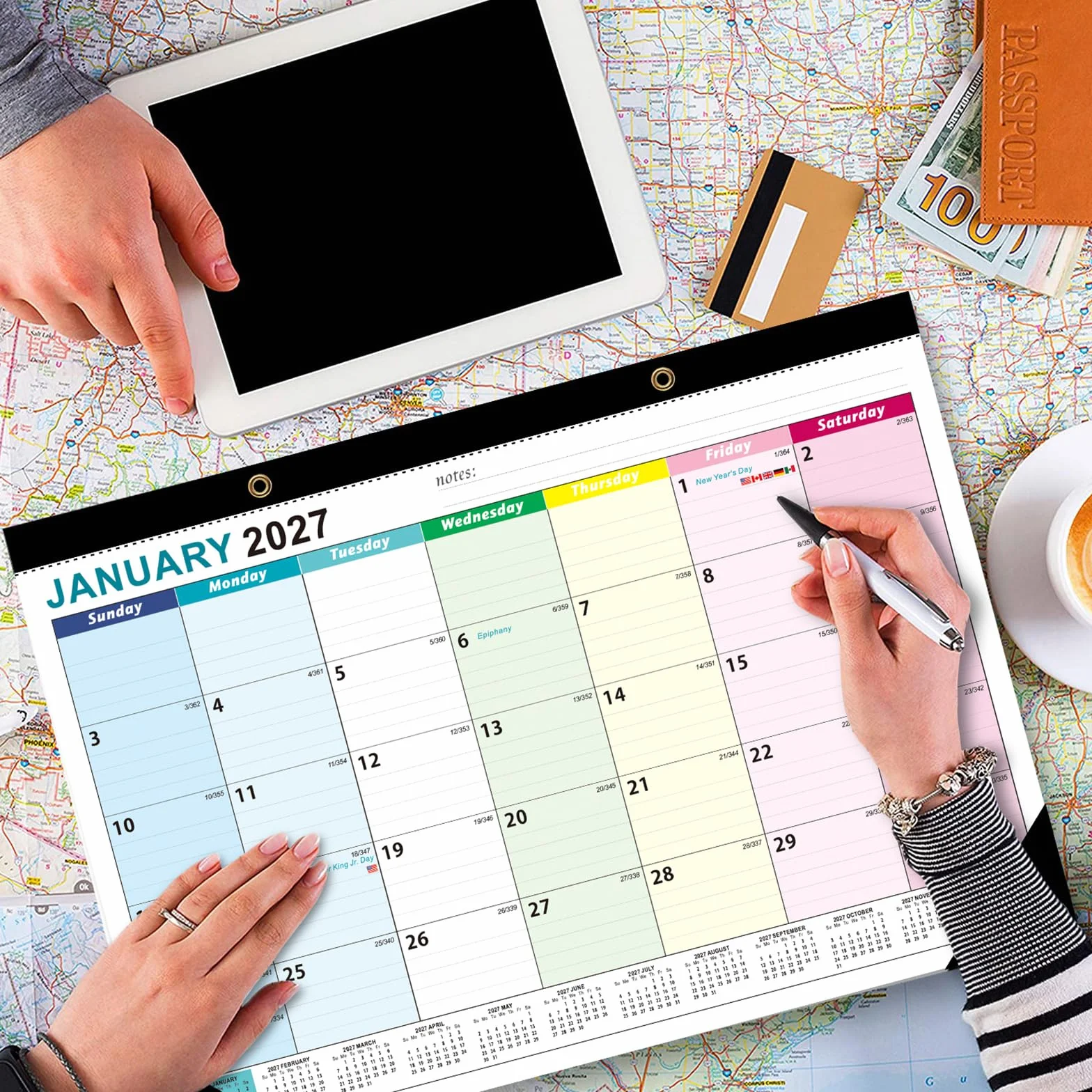 Calendrier mural 2026-2027 19 mois juin 2026 à décembre 2027, planificateur familial détachable pour bureau