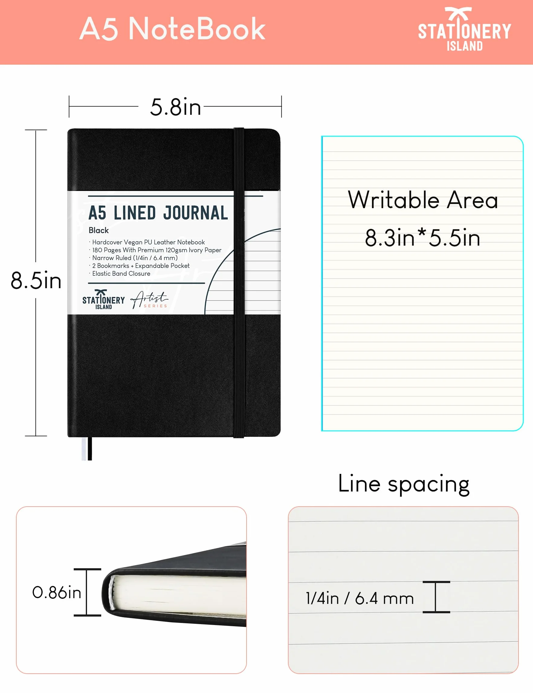 Carnet de Notes A5 Couverture Rigide Ligné 120 g/m² 180 Pages Papier Épais