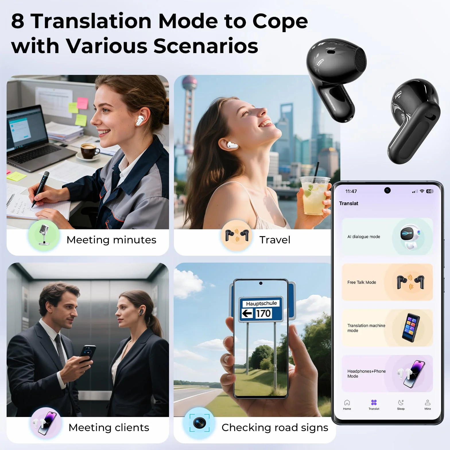 Casque traducteur IA 3 en 1 traduction temps réel 165 langues Bluetooth 6.0 écouteurs sans fil écran tactile son Hi-Fi NE20