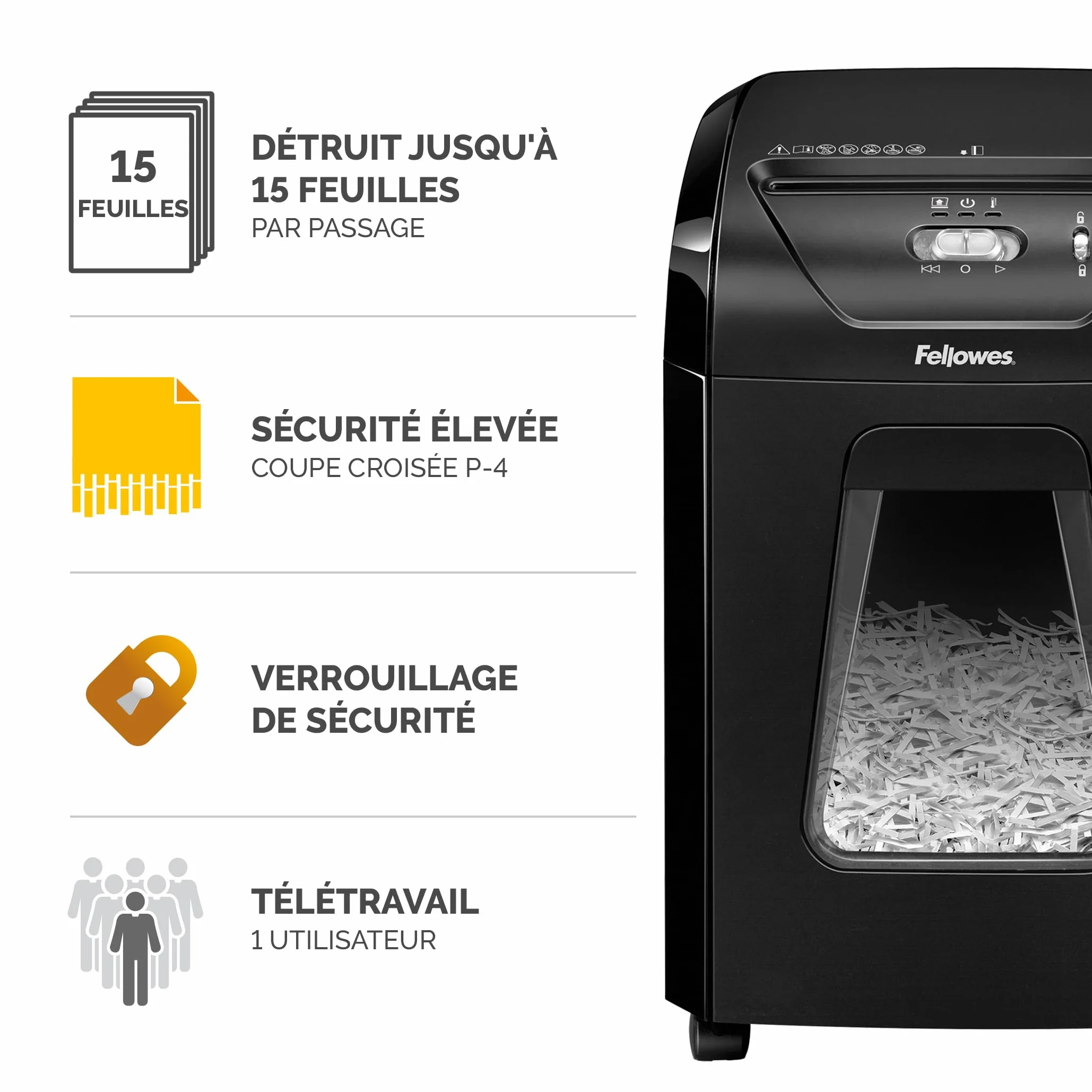 Fellowes FS-15C Destructeur de Documents Coupe Croisée 15 Feuilles P4 Bac 19L Noir