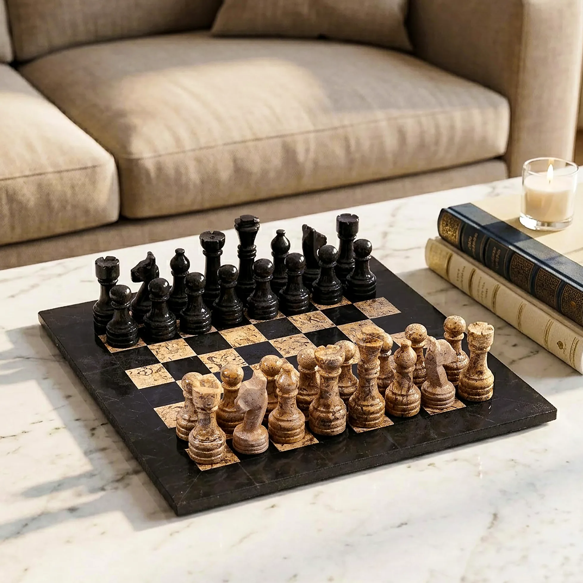 Radicaln Jeu d'échecs en marbre 38,1 cm Noir et Corail fossile Jeux de société Faits à la Main pour Adultes – 1 échiquier et 32 ​​pièces d'échecs – Jeu d'échecs pour Adultes