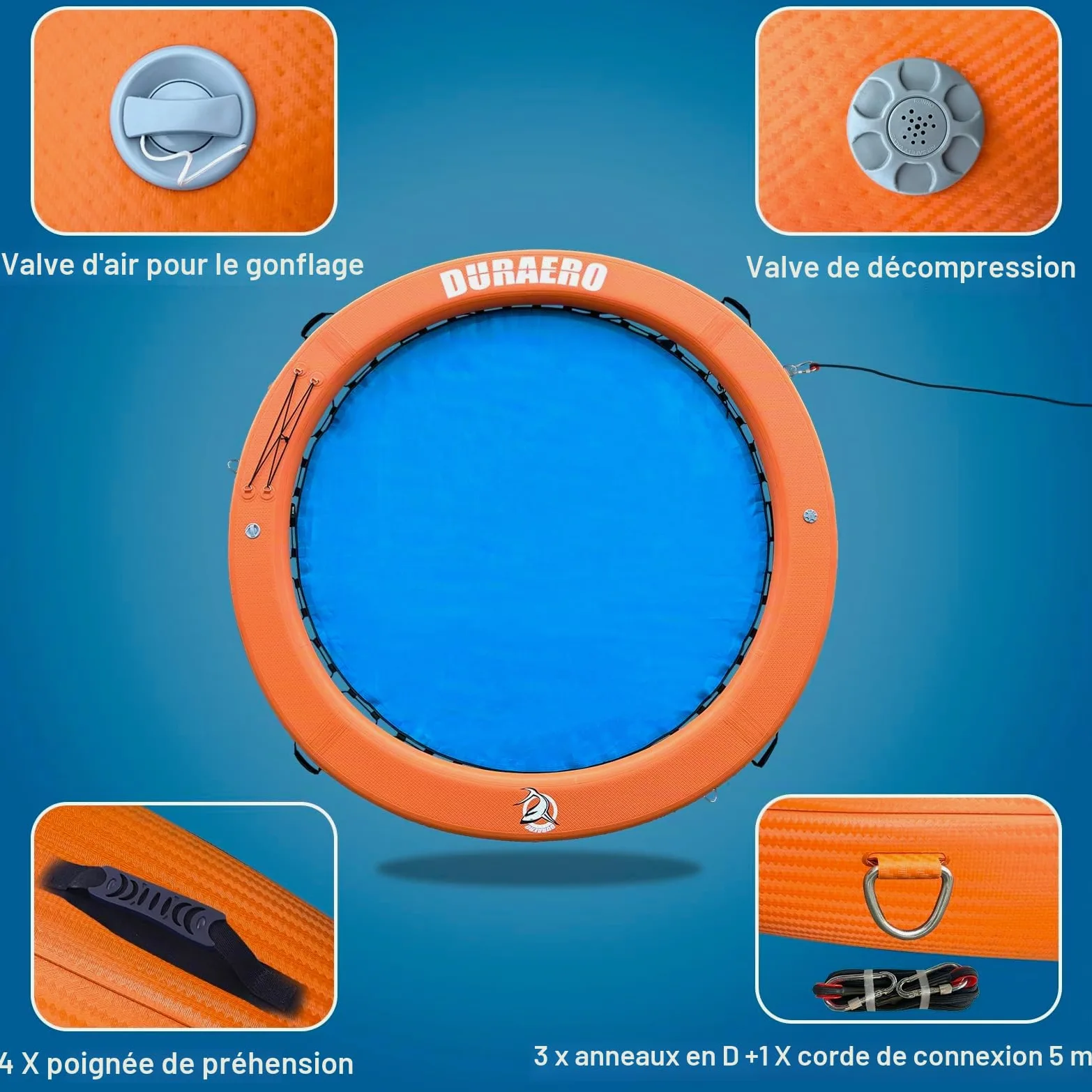 Hamac Gonflable d’Eau Ø185 x 10 cm, Grande bouée Ronde Piscine et lac, îlot Flottant pour 2–3 Personnes, transat Aquatique, Pompe et Accessoires Inclus