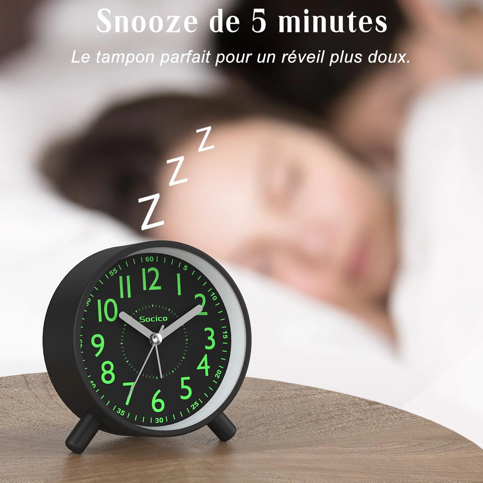 SOCICO Réveil Analogique Horloge de Chevet Rétro Ronde Métal Piles Veilleuse Fonction Snooze Noir