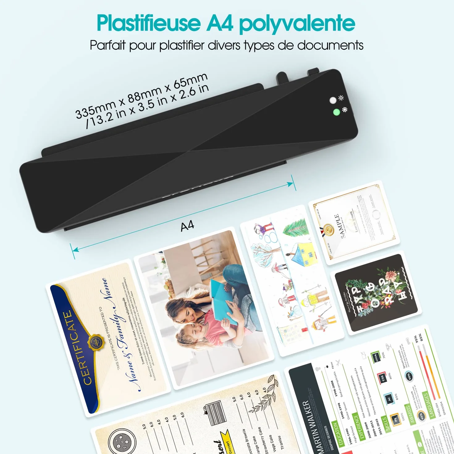 Crenova Plastifieuse A4 à Chaud et à Froid avec 10 Pochettes, Sans Bulles, Noir