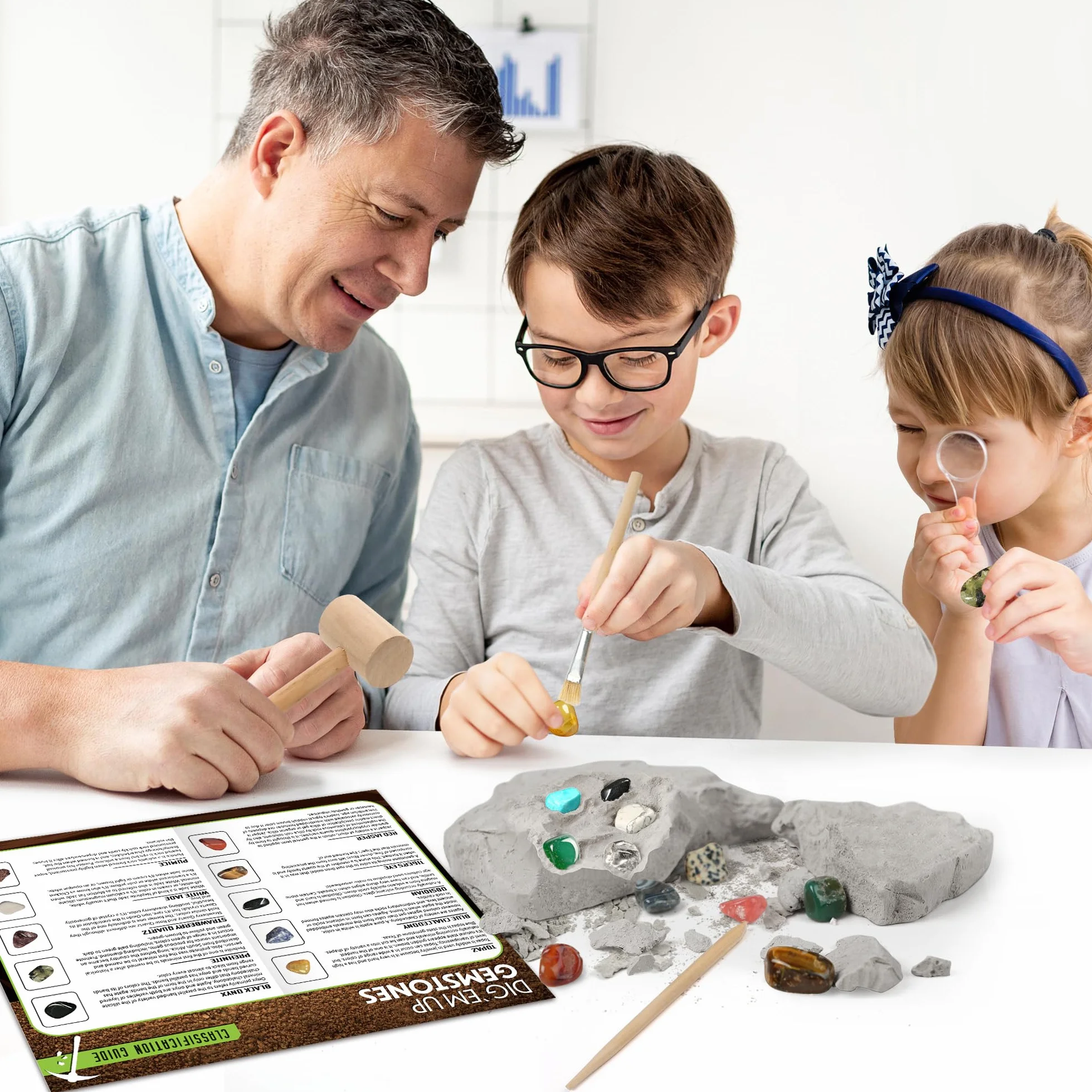 LotFancy Kit de Fouille de Pierres Précieuses - 20 Vraies Gemmes, Kit Scientifique pour Enfants 6-10 Ans, Cadeau Garçons Filles