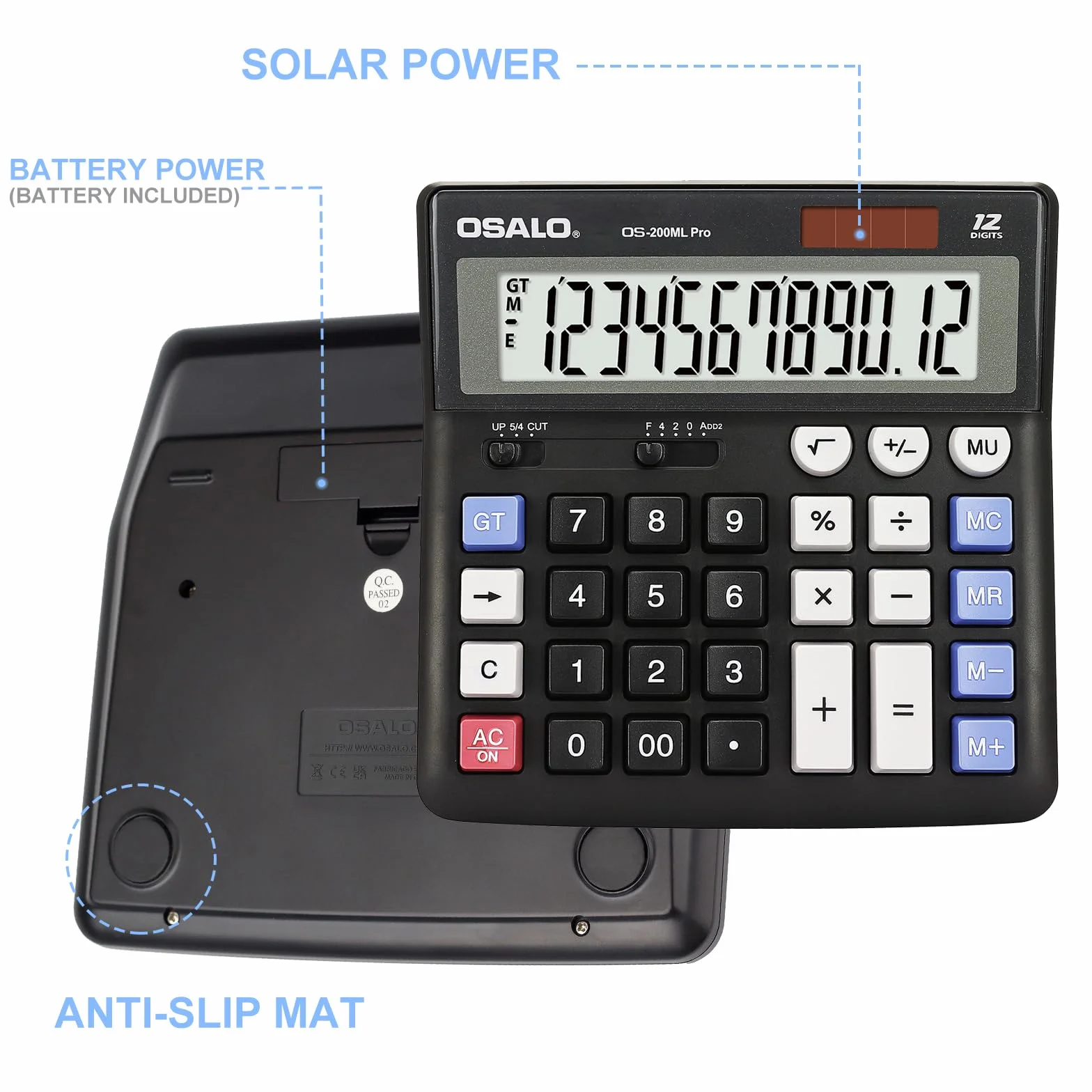 OSALO Calculatrice de bureau extra large grand écran LCD 12 chiffres comptabilité bouton réponse géant batterie solaire