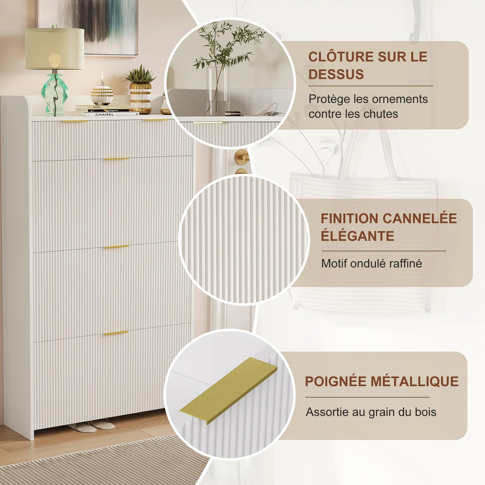 Armoire à Chaussures 15-20 Paires 3 Tiroirs Cloison Réglable 77x24x133.5 cm Blanc