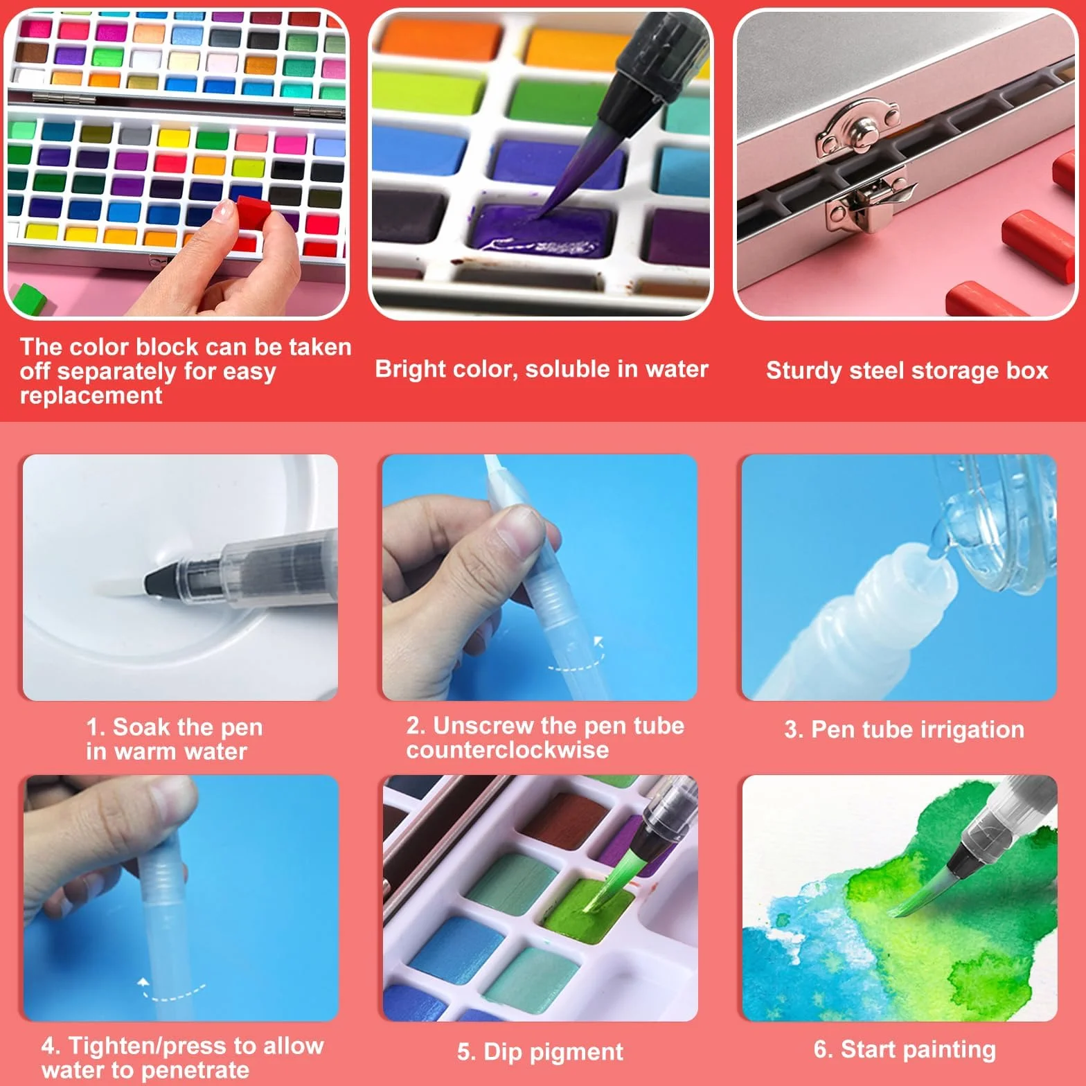 UCAMP Ensemble de Peinture Aquarelle 100 Couleurs Portable avec Pinceau et Papier