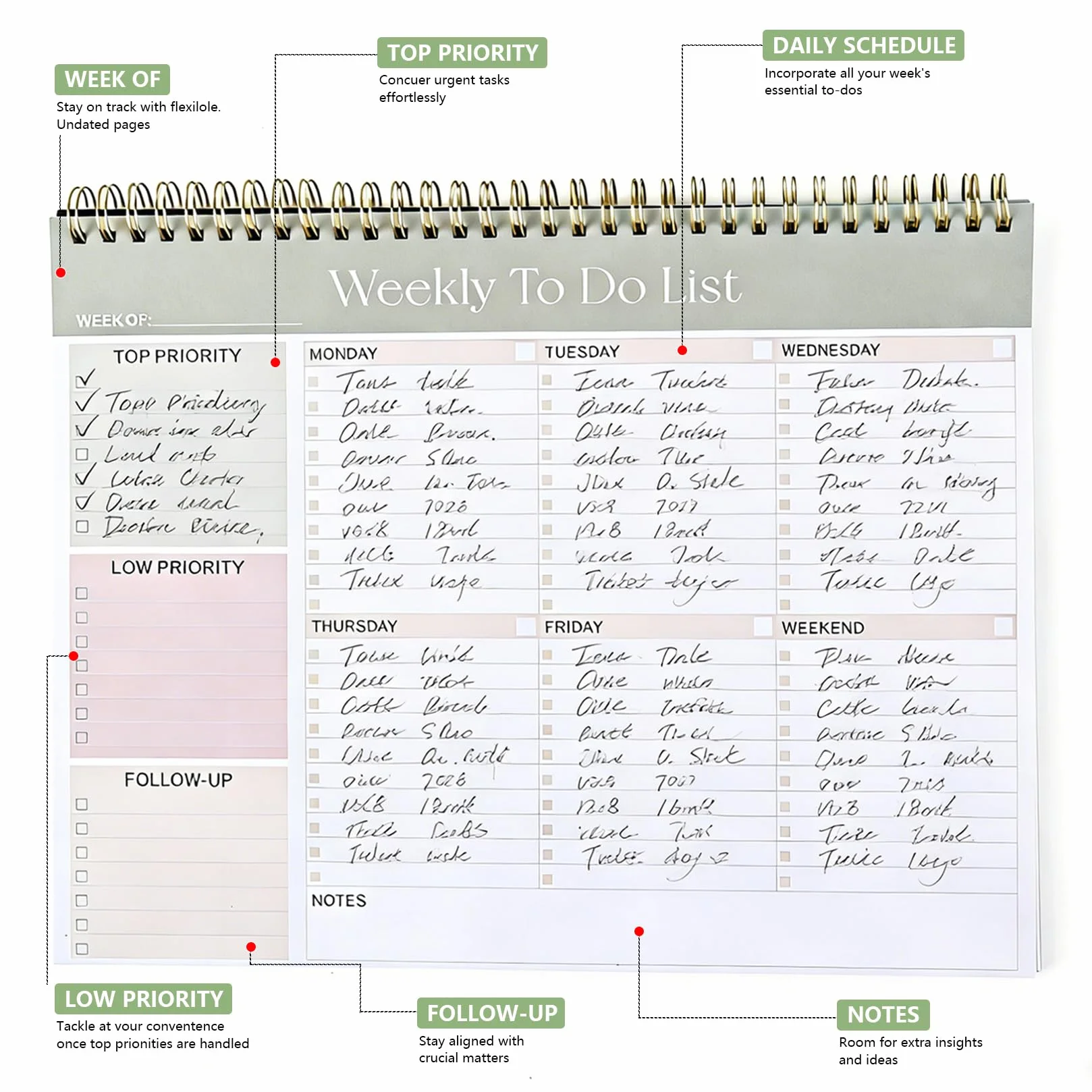 Cahier To Do List Bloc Notes, Bloc Planificateur Hebdomadaire 52 Feuilles, 28 x 21,5 cm