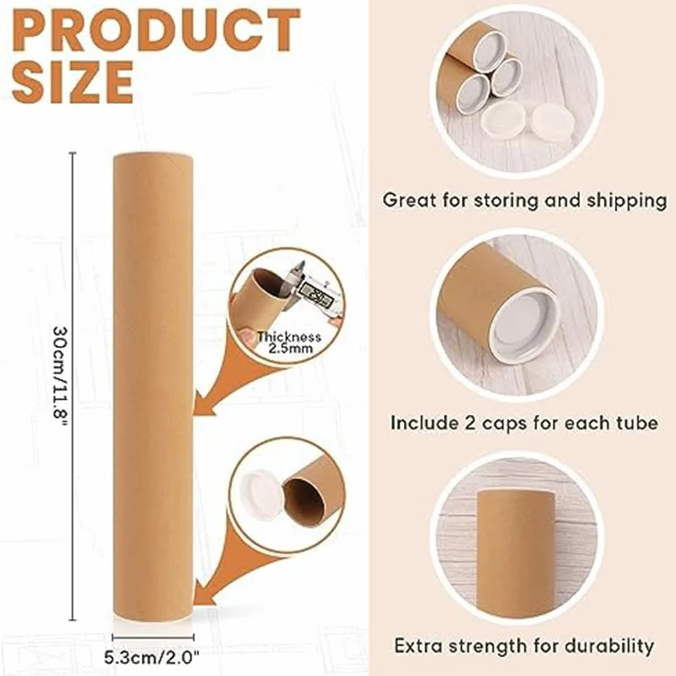 Tubes d'expédition en carton 5,1 x 30,5 cm Lot de 12 avec capuchons