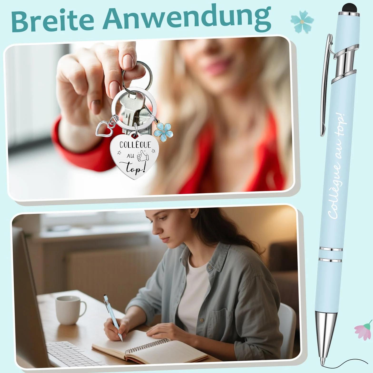 Sinmoe Cadeau Collègue de Travail Femme Remerciement Noël Set 3 Pièces Mini Carnet Spirale Stylo Bille Porte-Clé Départ Retraite Bleu Brume