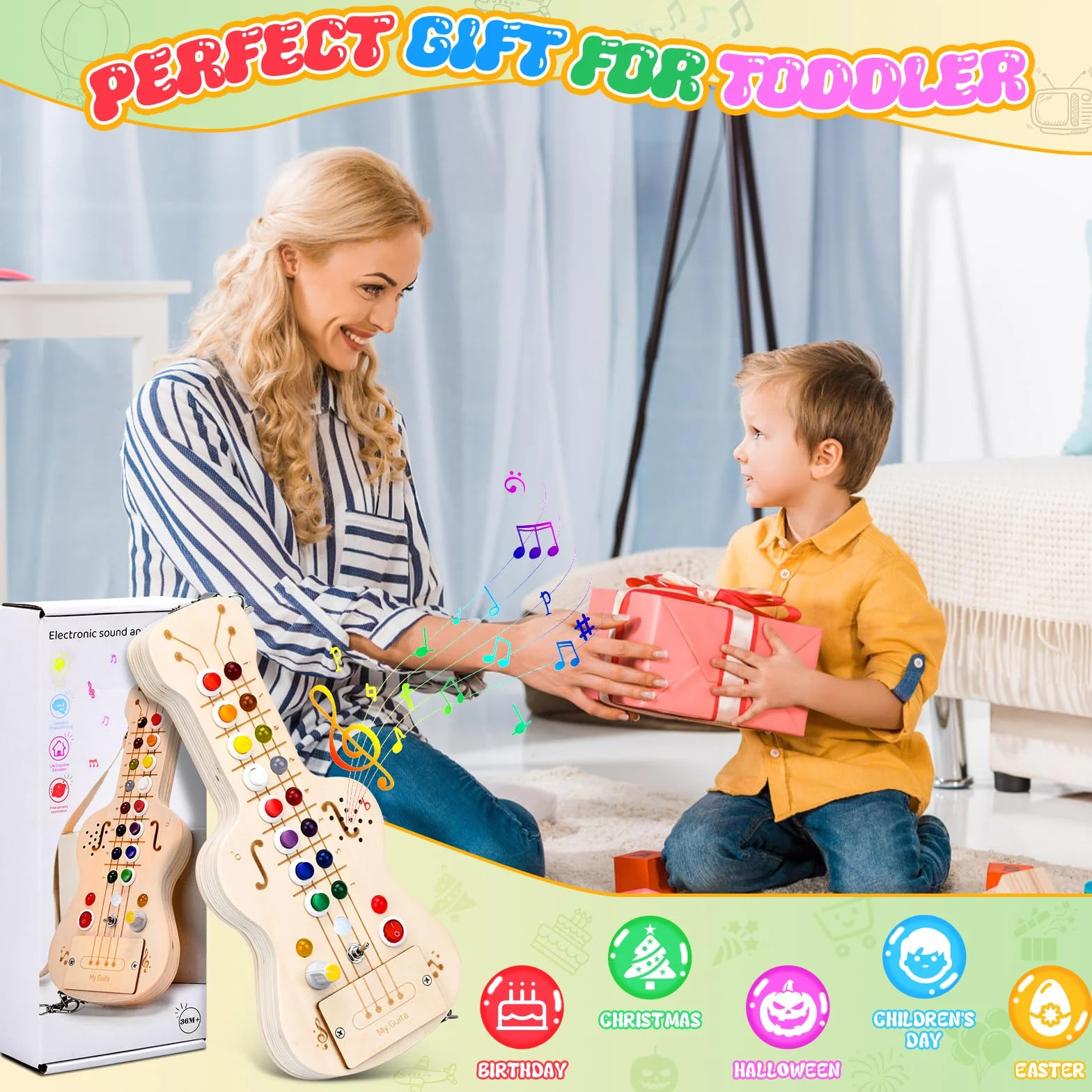 Busy Board Montessori Guitare Jouet Enfant avec Lumières LED et Boutons de Note Jouet en Bois Sensoriel pour 1-5 Ans