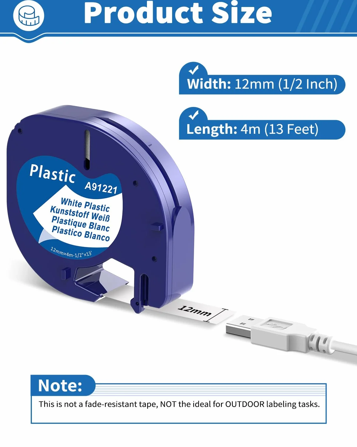 Ruban pour Étiqueteuse Dymo LetraTag 12mm x 4m Noir sur Blanc Compatible LT-100H LT-100T XR LT-110T 200B