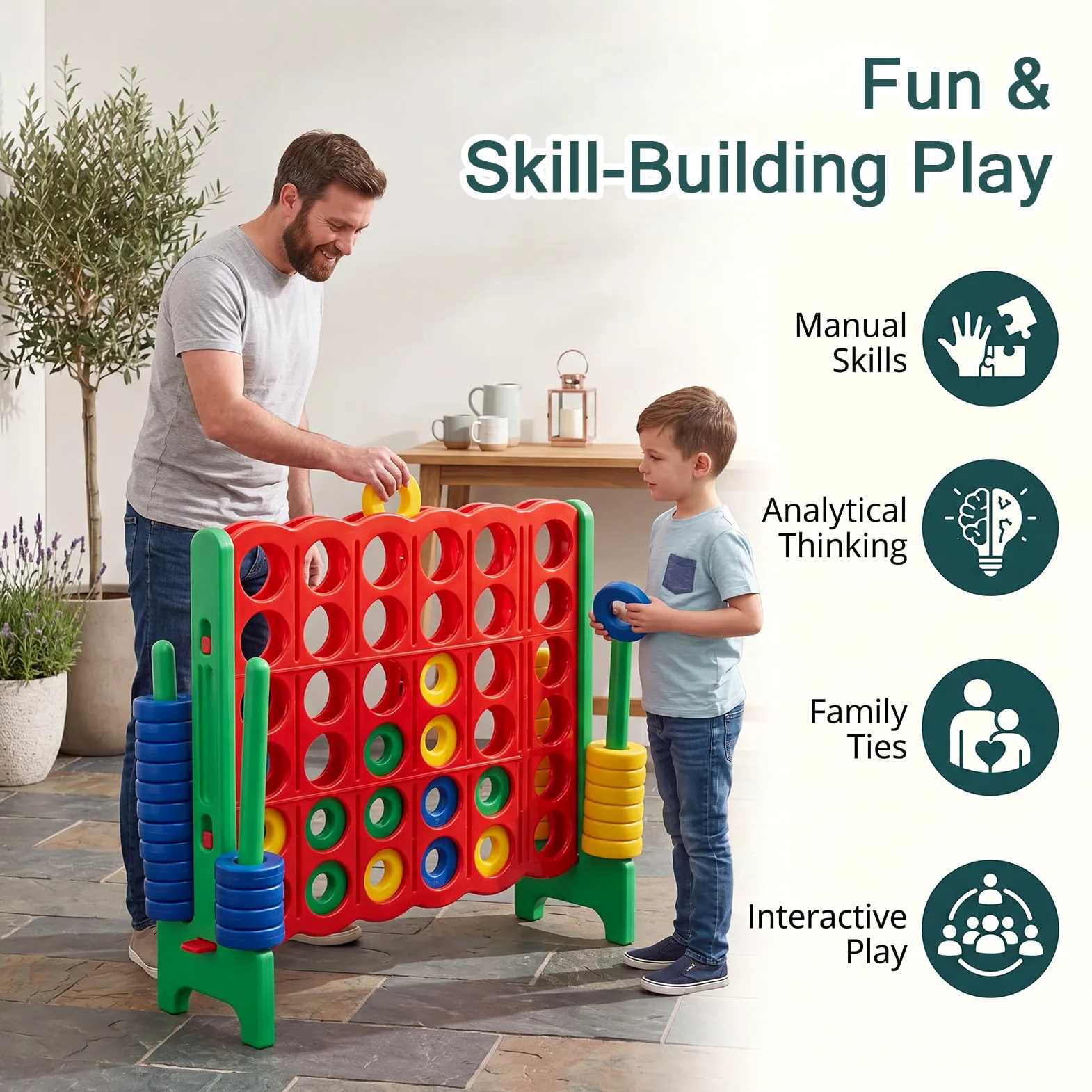 HOMASIS Jeu Géant 4 Gagnants, Jeu 4 en Une Ligne, Jeu de Stratégie avec 42 Anneaux & Curseurs, XXL Jeu de société Jouet 4 Gagnants pour Enfants & Adultes Extérieur (Vert)