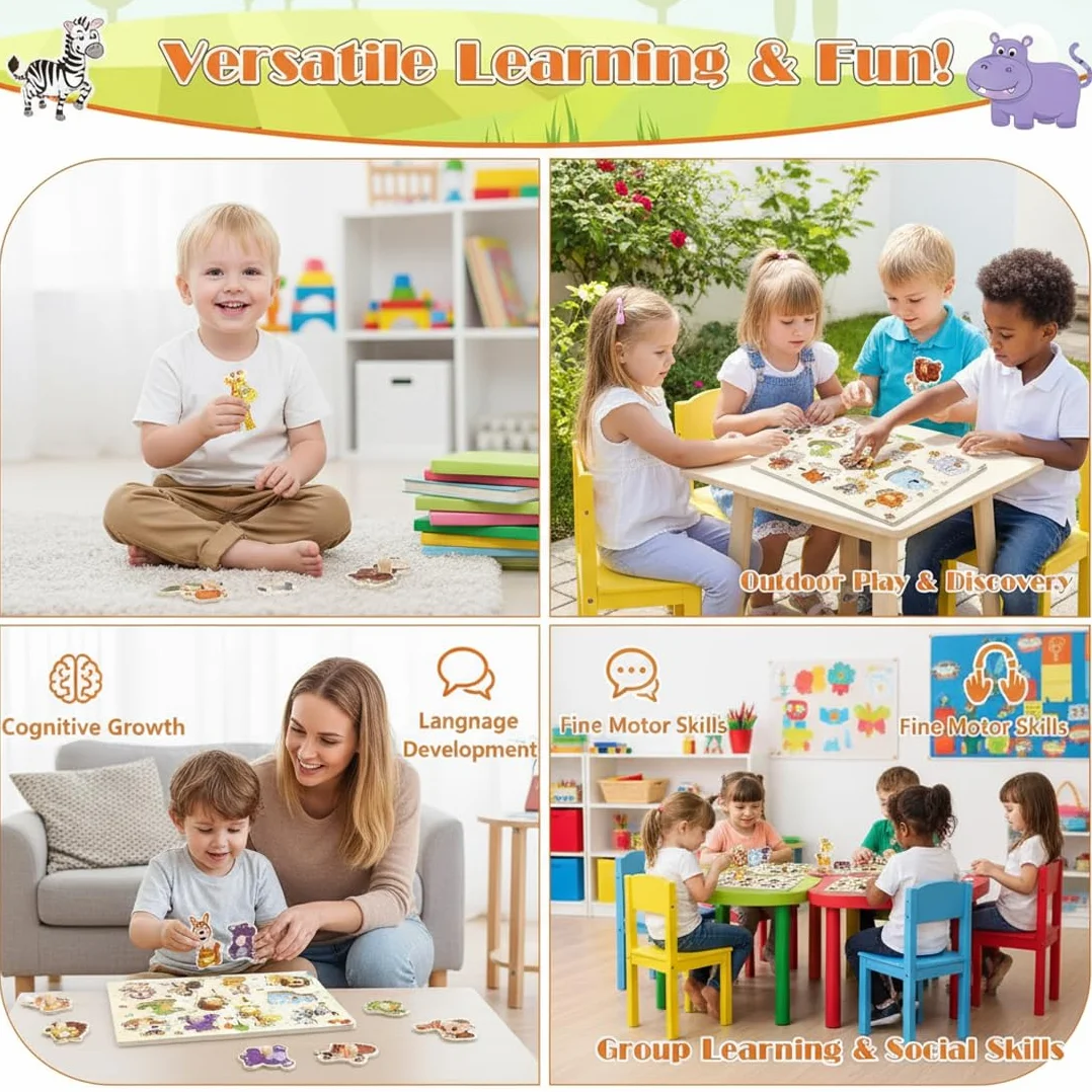 Puzzle en Bois Jouet Éducatif Animaux de la Jungle pour Enfants 1-3 Ans