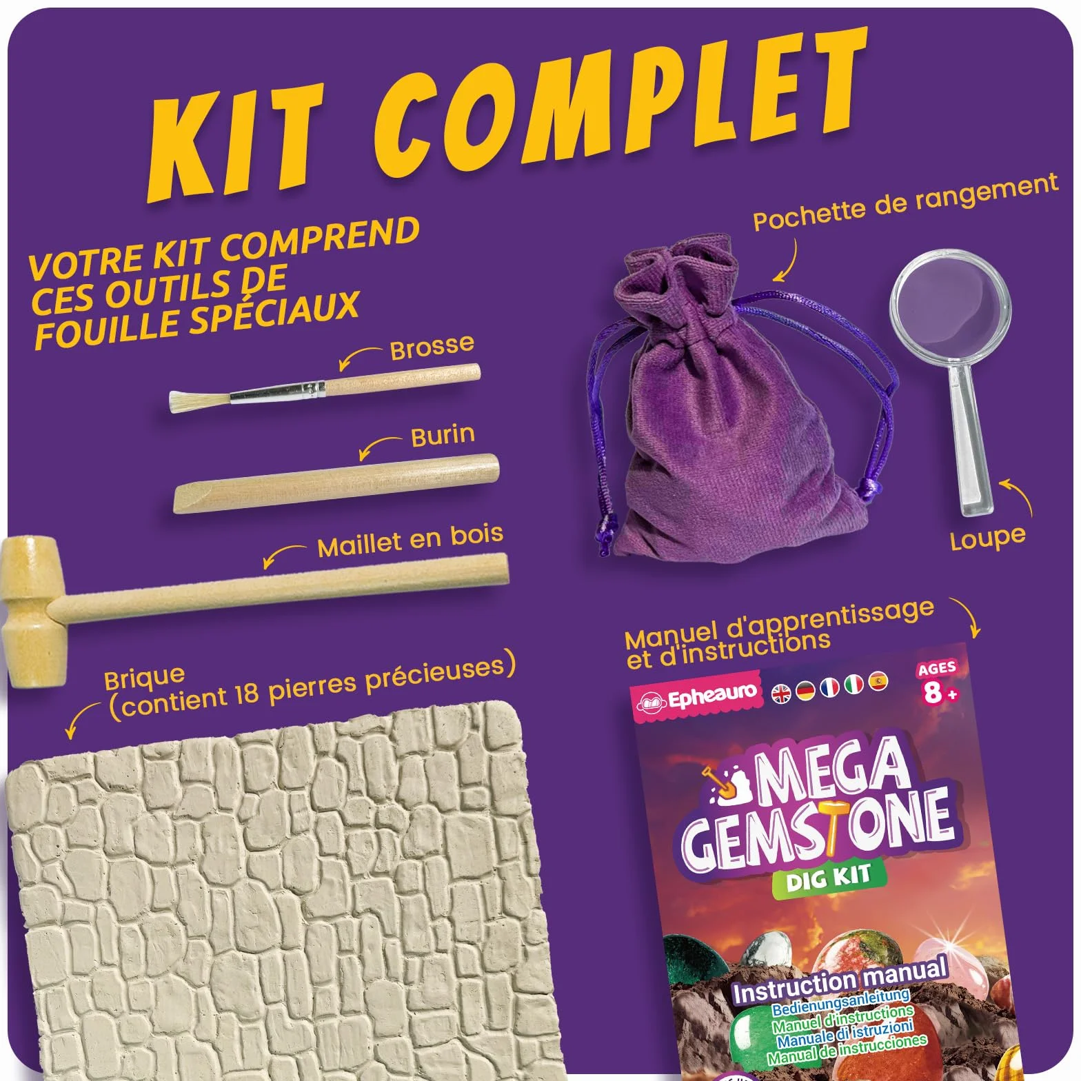Kit de Fouille de Pierres Précieuses pour Enfants – 18 Cristaux, Minéraux et Roches Réels – Dès 8 Ans