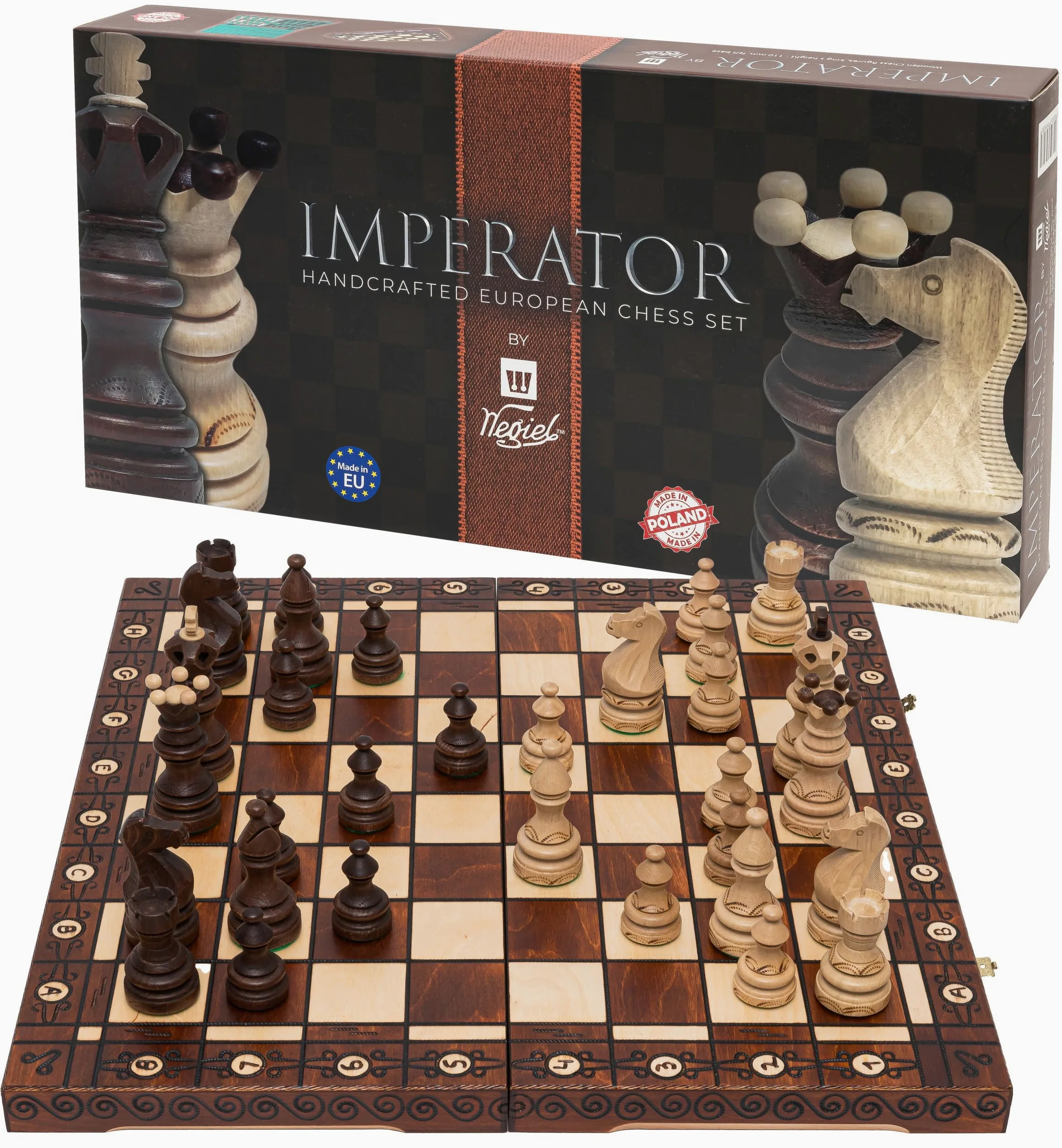 Échecs en Bois Imperator - 52 x 52 cm - Emballage Cadeau - Échiquier & Pièces d’échecs Sculptées