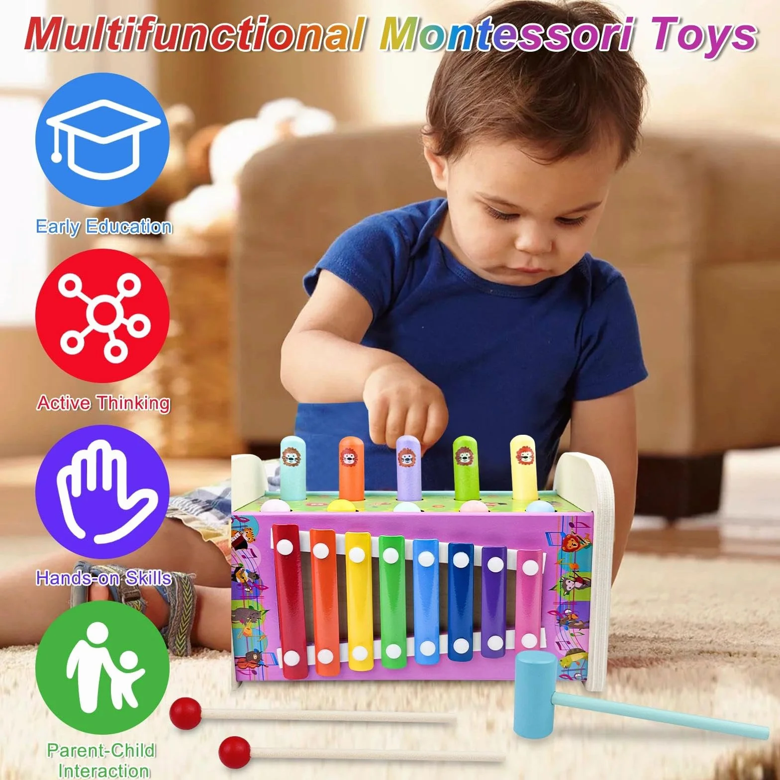 Jouet Xylophone Bebe 3 en 1, Montessori Marteau en Bois, Jeux Chasse Taupe, Banc À Marteler, Motricité Fine Cadeau Enfant 1-4 Ans