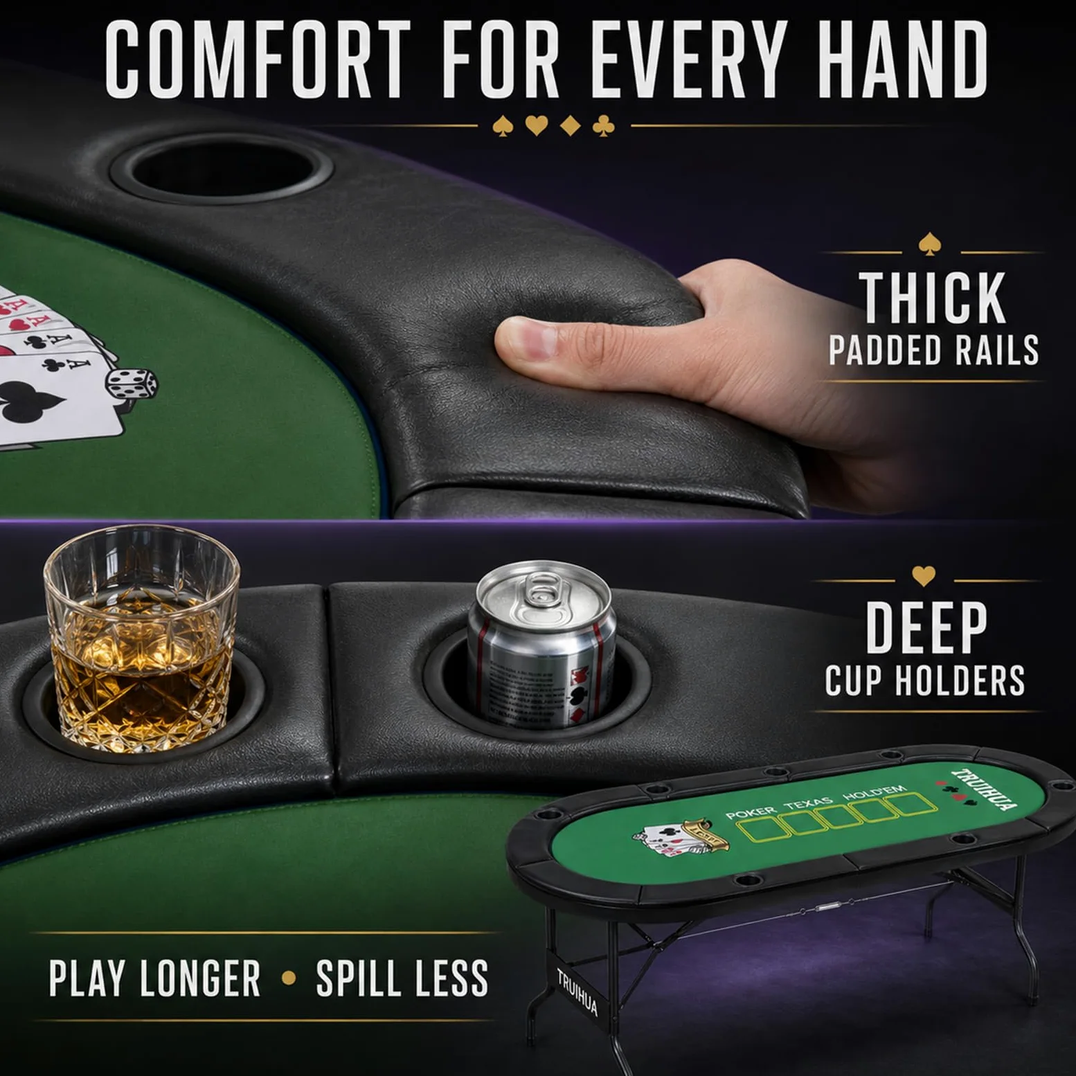Table de poker pliable de 180 cm pour 8 joueurs, avec 2 tapis de jeu interchangeables en feutre, rail rembourré et porte-gobelets, Texas Hold'em et Blackjack