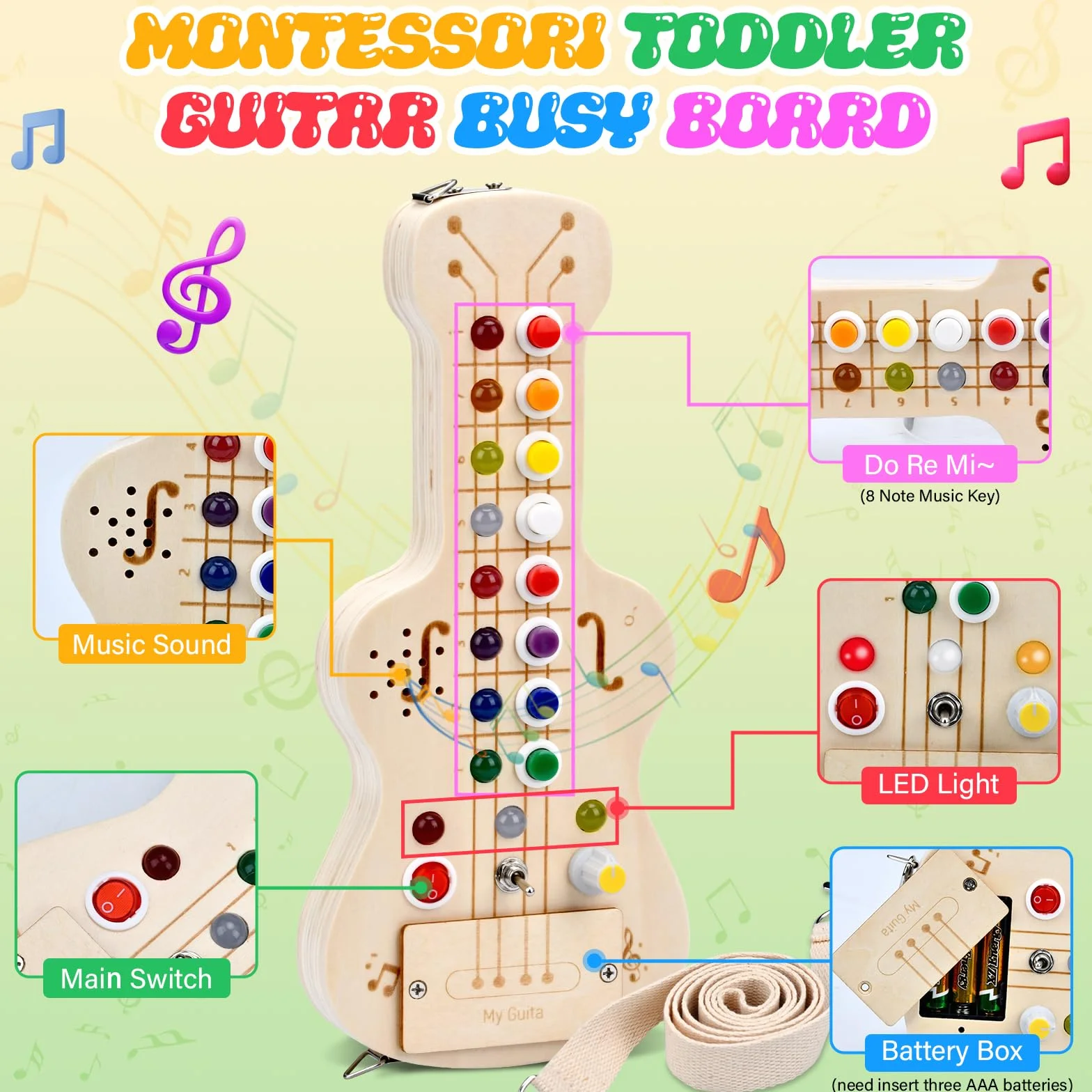 Busy Board Montessori Guitare Jouet Enfant avec Lumières LED et Boutons de Note Jouet en Bois Sensoriel pour 1-5 Ans