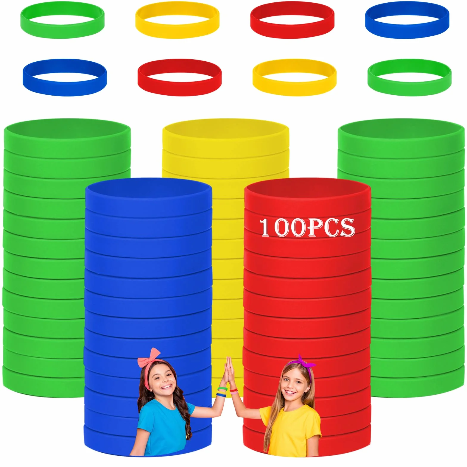 Bracelet en silicone pour enfants lot de 100 17,8 cm vert 4 couleurs 8-12 ans