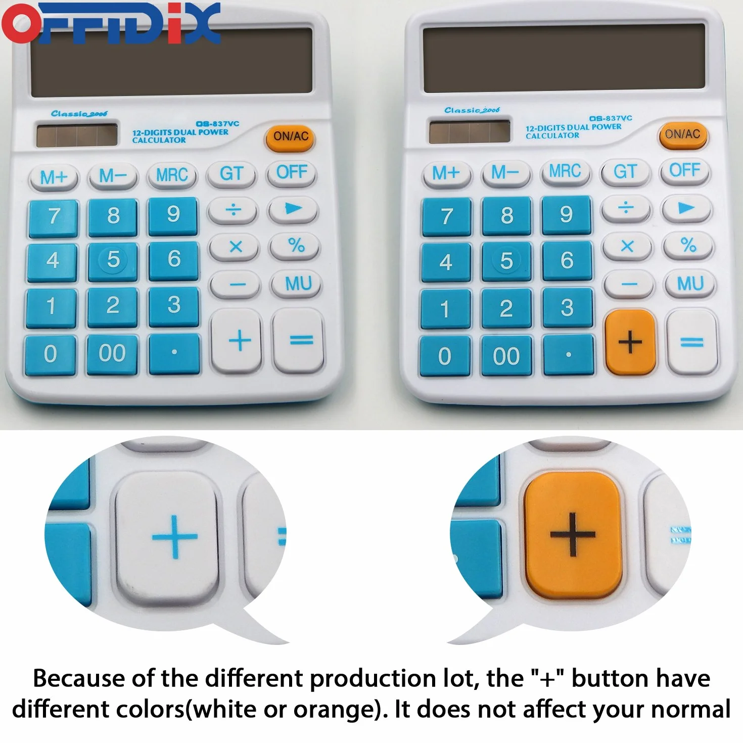 OFFIDIX Calculatrice Bureau Solaire et Batterie 12 Chiffres Grand écran LCD Bleu