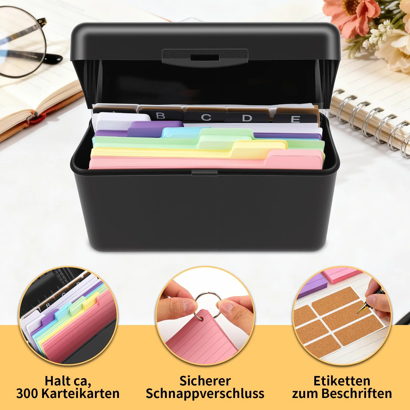 Kit Boîtes à Fiches Noir 230 Fiches Lignées Colorées 15 Registres 6 Anneaux