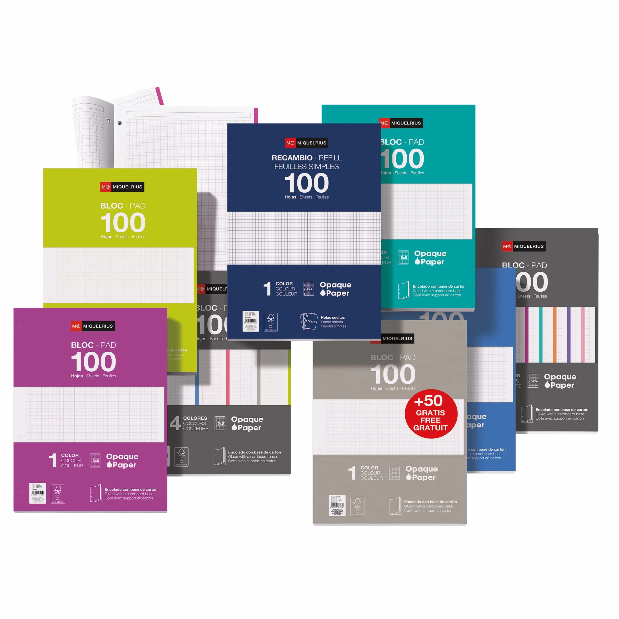 Miquelrius Bloc de recharge 215 x 309 mm 100 feuilles quadrillées 4x4 mm Papier 90 g/m² Recharge perforée pour classeur