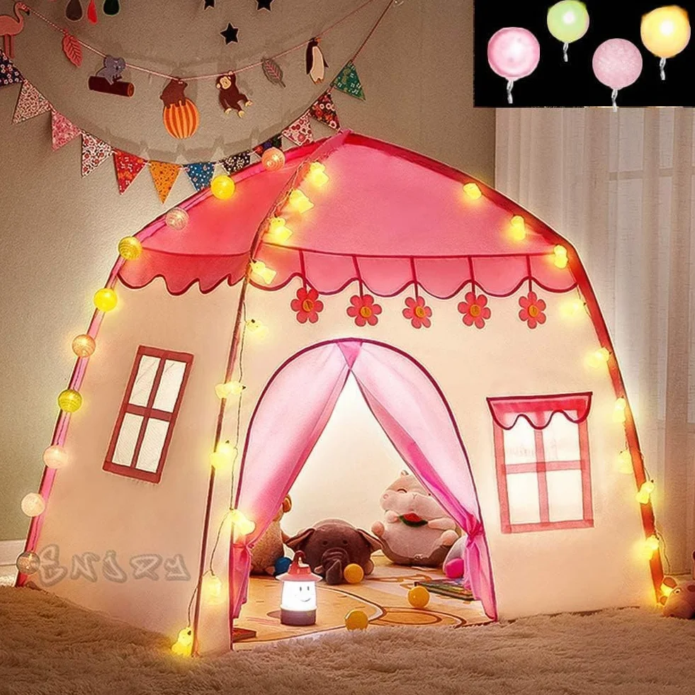 KRUZZEL Tente de jeu pour enfants avec guirlande lumineuse LED pliable rose blanc