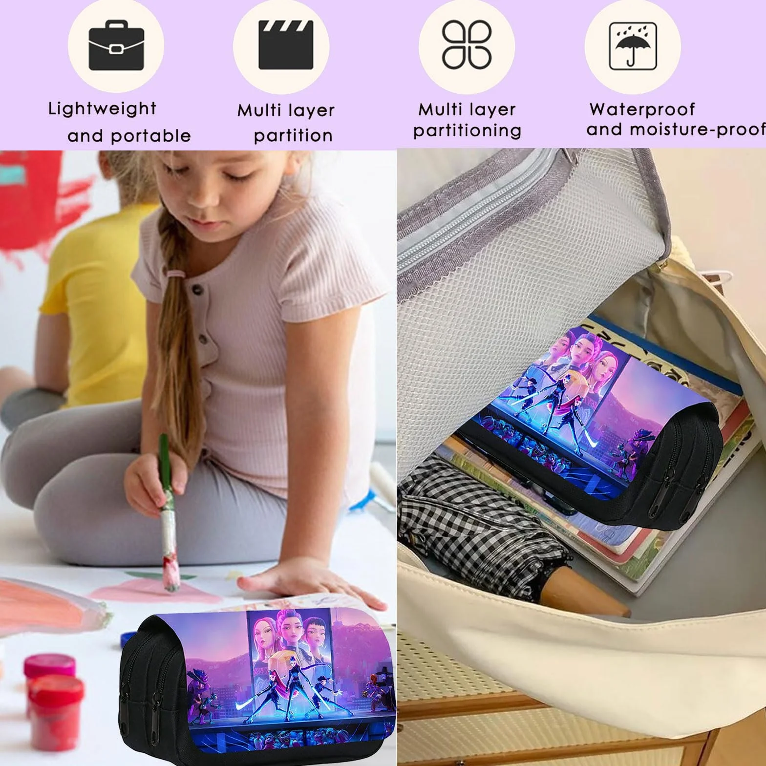 Trousse à crayons pour filles et adolescentes, Toile, Grande boîte à crayons à 3 compartiments avec motif dessin animé