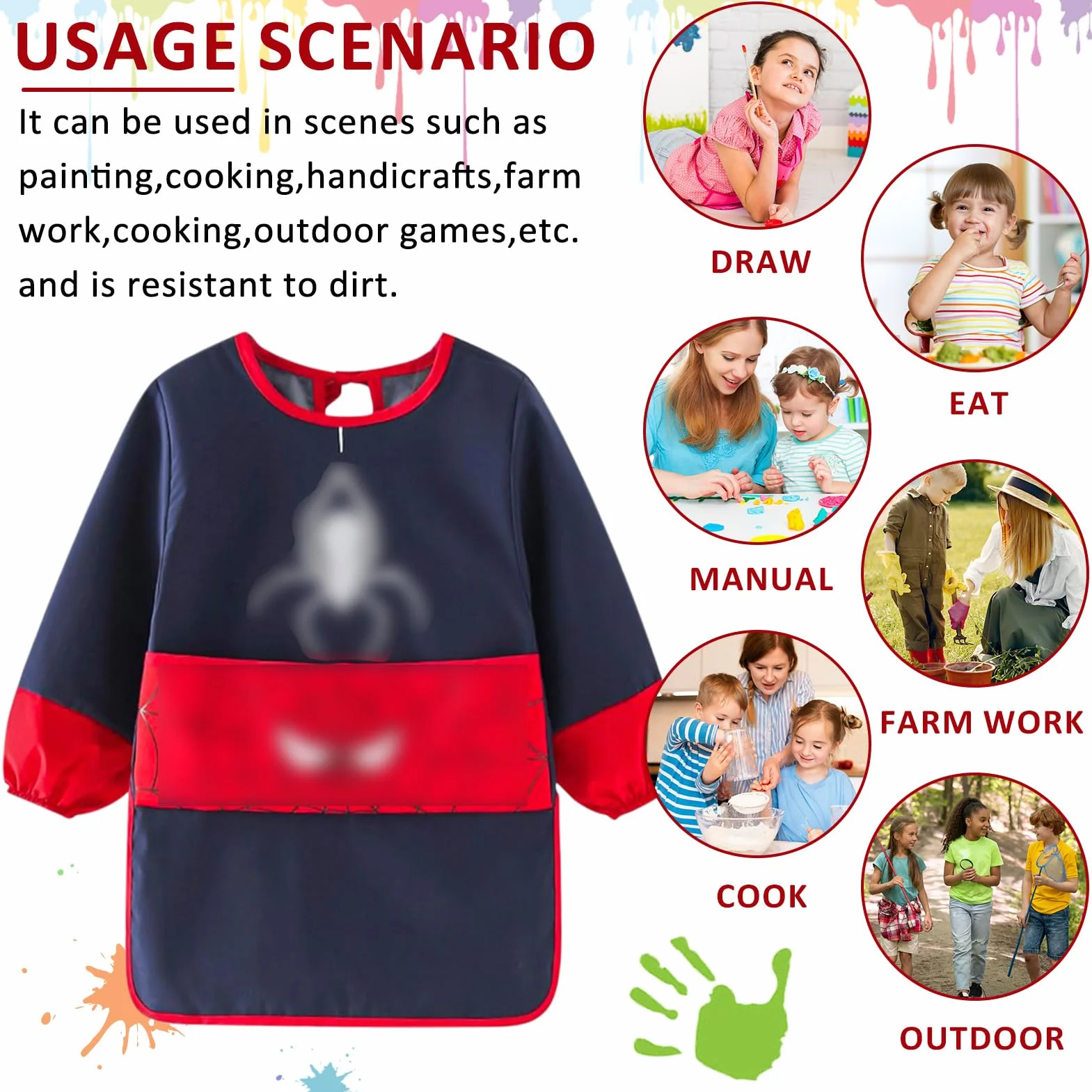 Tablier Peinture Enfant Imperméable Blouse 3-7 Ans avec Poches Manches Longues pour Activités Scolaires Dessin Cuisine