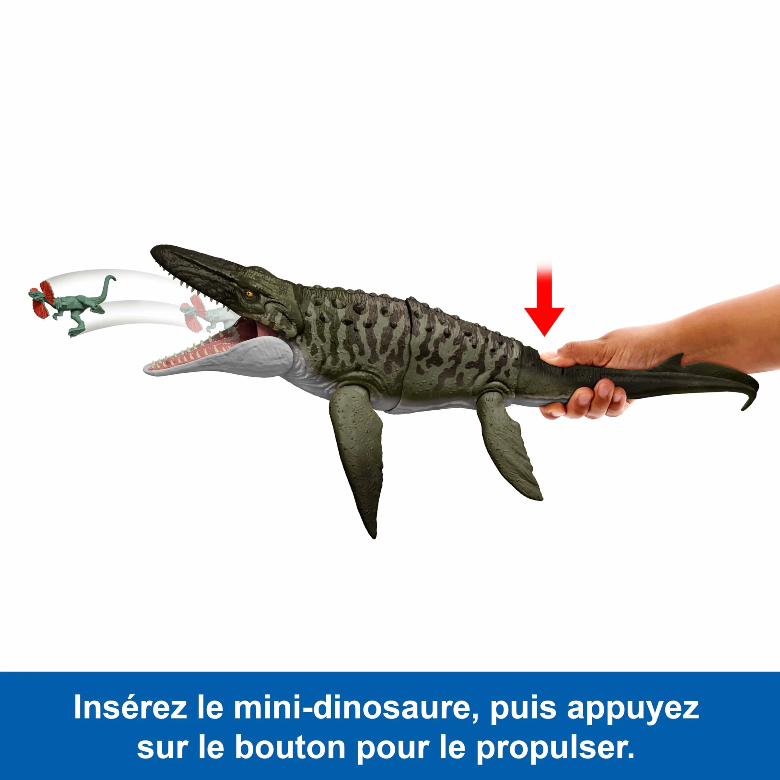 Mattel Jurassic World Figurine articulée Mosasaurus avec fonction mordre et recracher et mini-Dilophosaurus JJP80