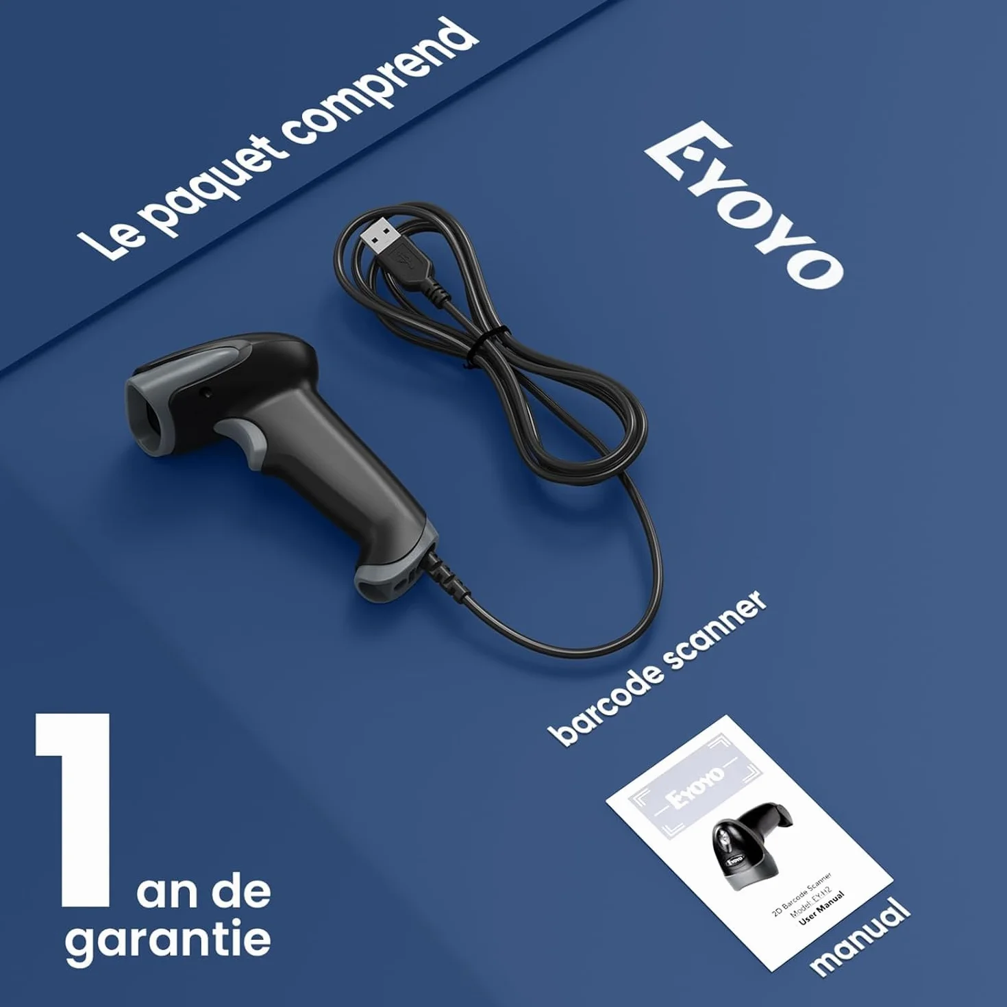 Eyoyo Lecteur Codes Barres 1D 2D USB Douchette Scanner Code Barre QR PDF417 Data Matrix pour PC Mac