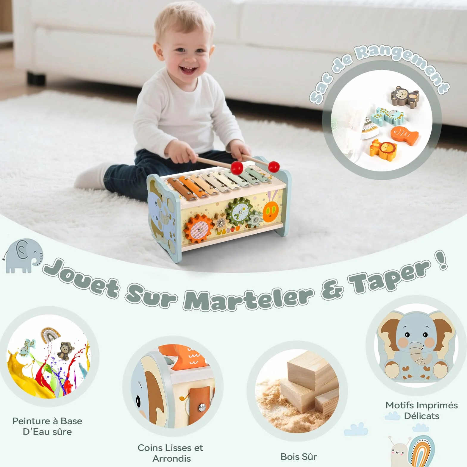 Jouet Montessori 1 an 6 en 1 Bois Bebe avec Xylophone, Jeu de Taupe, Pêche, Engrenage, Cadeau Anniversaire Noël 1 2 3 Ans Garcon Fille