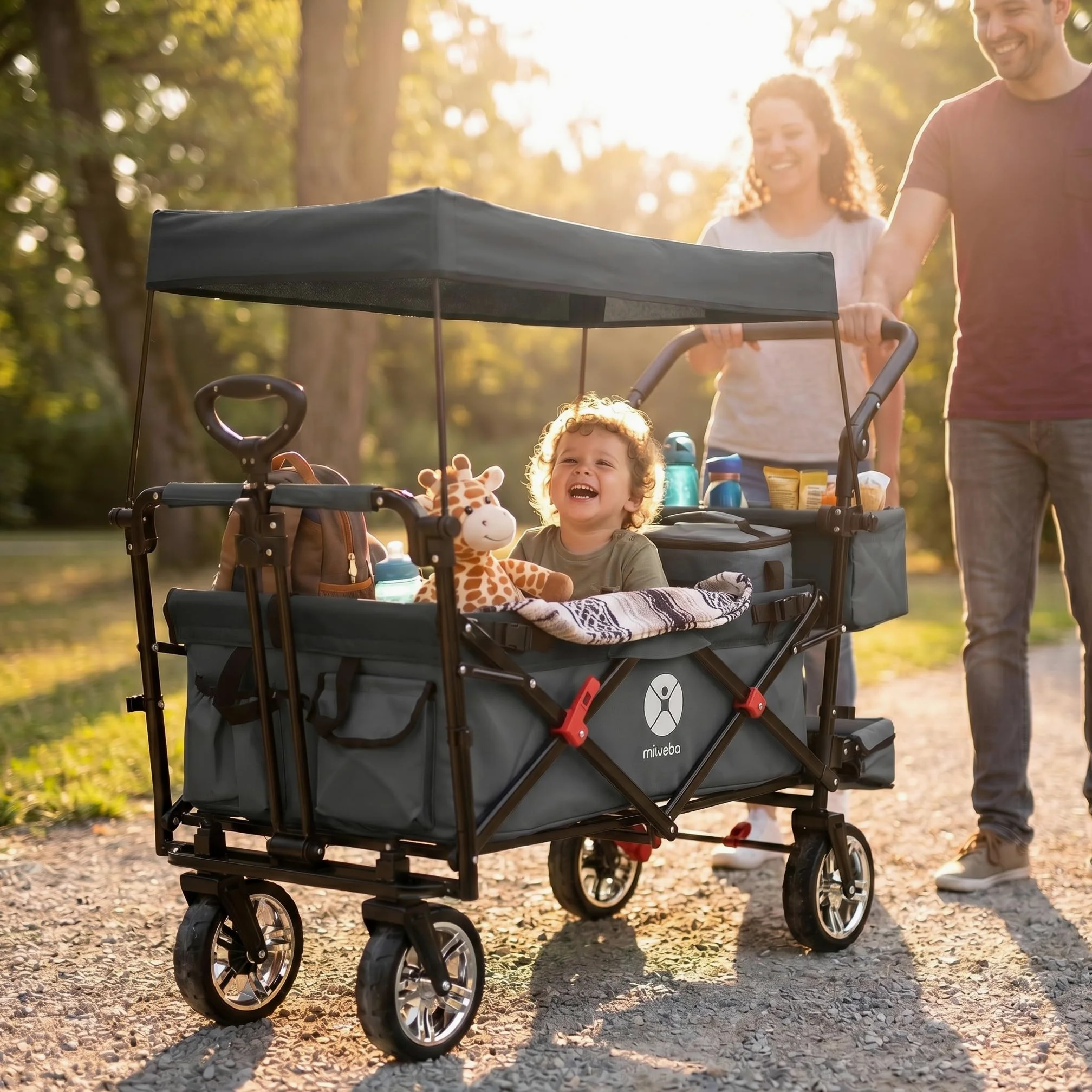 Miweba Chariot pour Enfants MB-20 - Chariot Pliable - Système de Harnais à 2X 3 Points - Frein de Stationnement - Roues en Caoutchouc Dur - Pare-Soleil avec Protection UV (Gris)