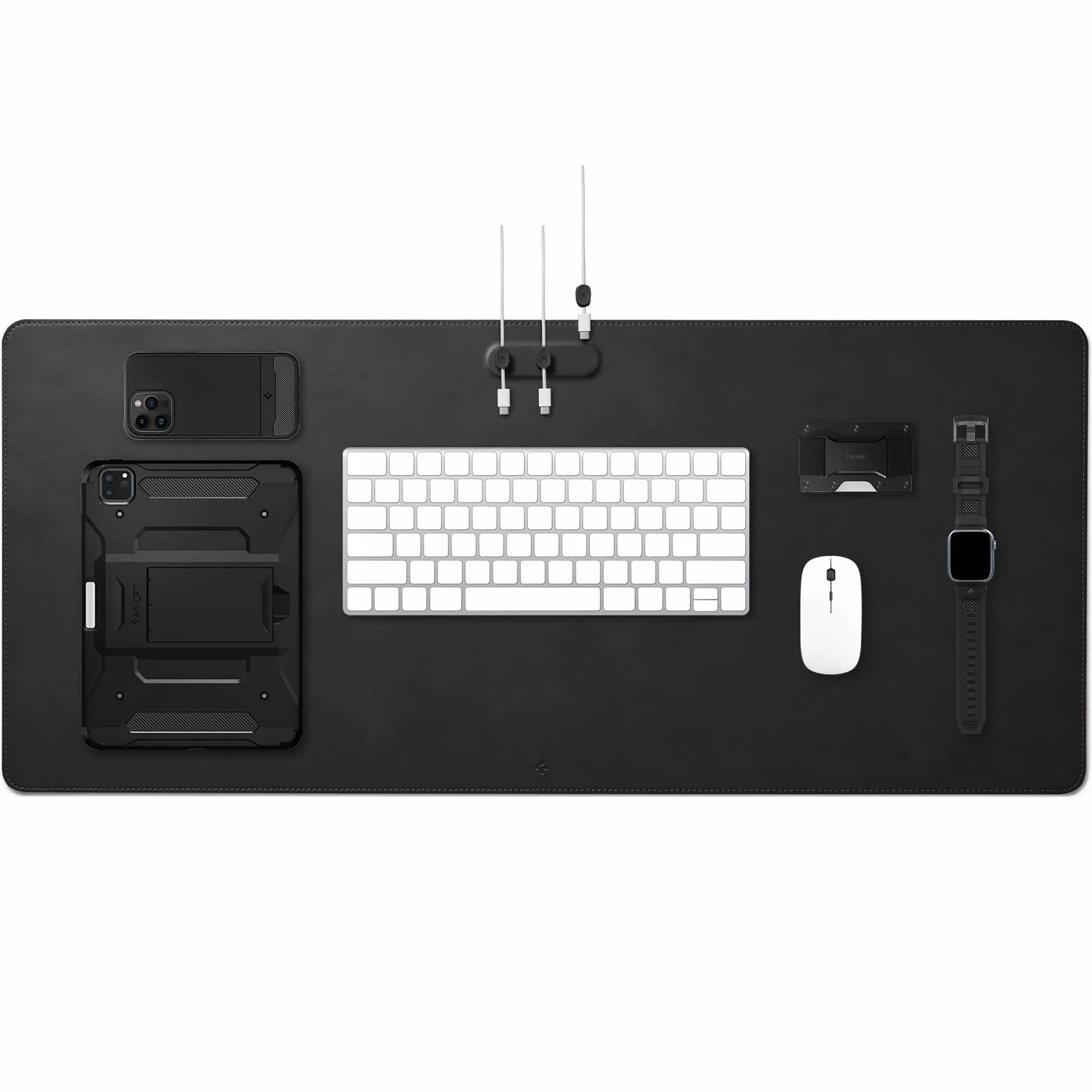 Spigen Tapis de Bureau Aimant Intégré Organisateur Câbles Sous-main Cuir PU Végan Tapis Souris XXL Imperméable Base Gomme Antidérapante Noir