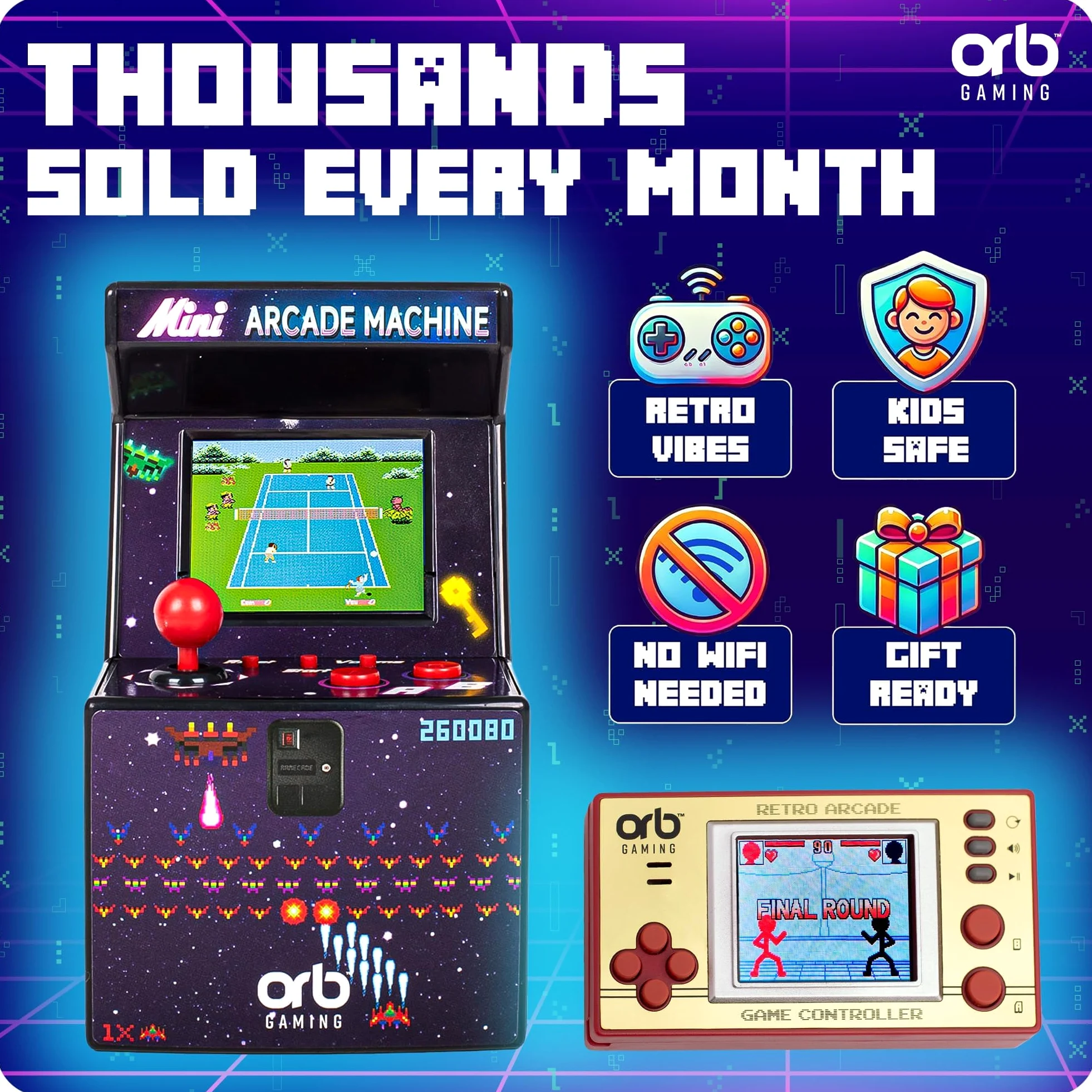 Orb Mini console de jeux portable rétro et ensemble d'arcade – 1 console de jeux intégrée de 150 et 1 x 240 jeux d'arcade intégrés, écran LCD couleur Thumbs Up!