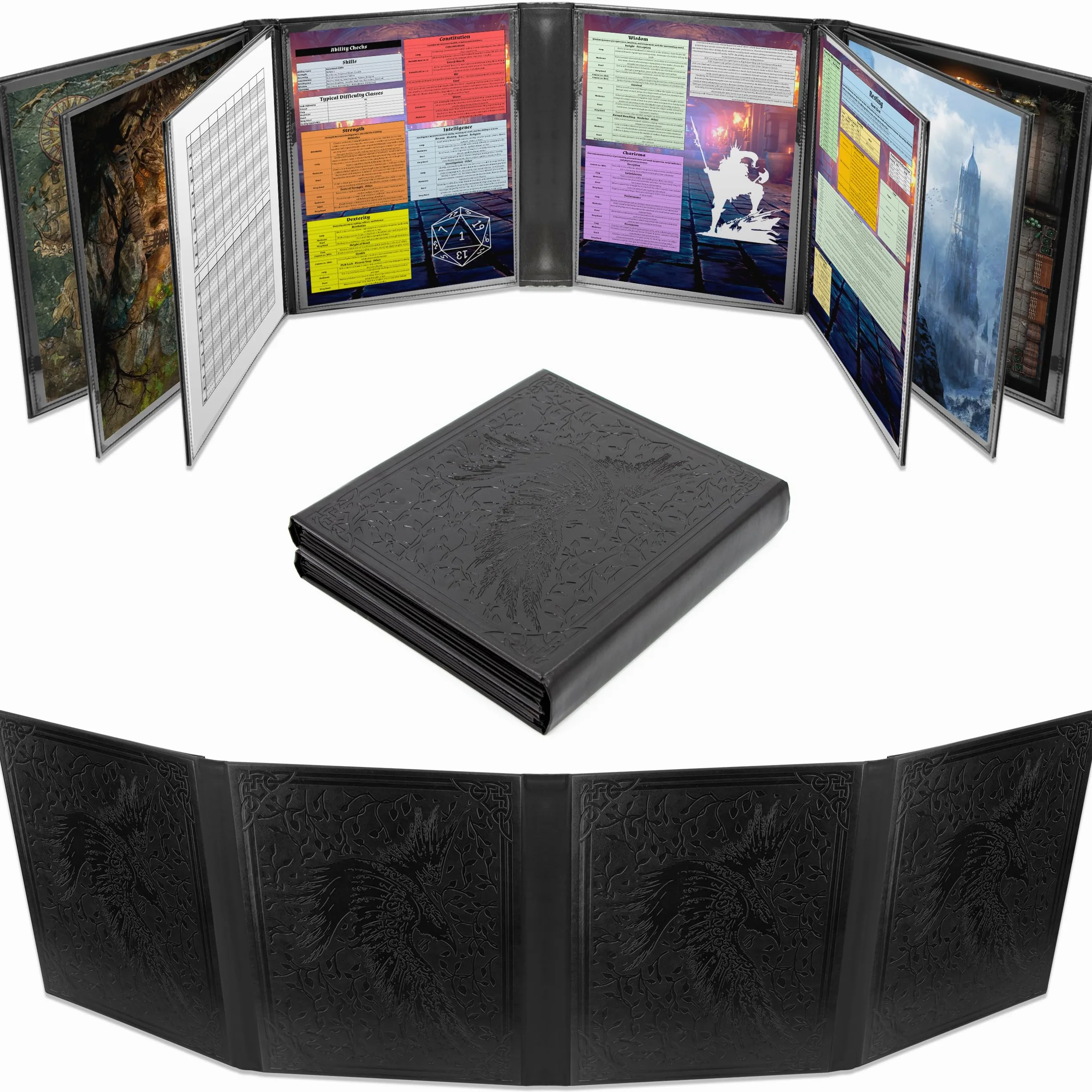 CASEMATIX DM Screen Écran GM Pliable en Similicuir à 12 Panneaux XL avec 4 Panneaux pivotants et Poches effaçables à l'eau pour TTRPG Noir Inserts Non Inclus