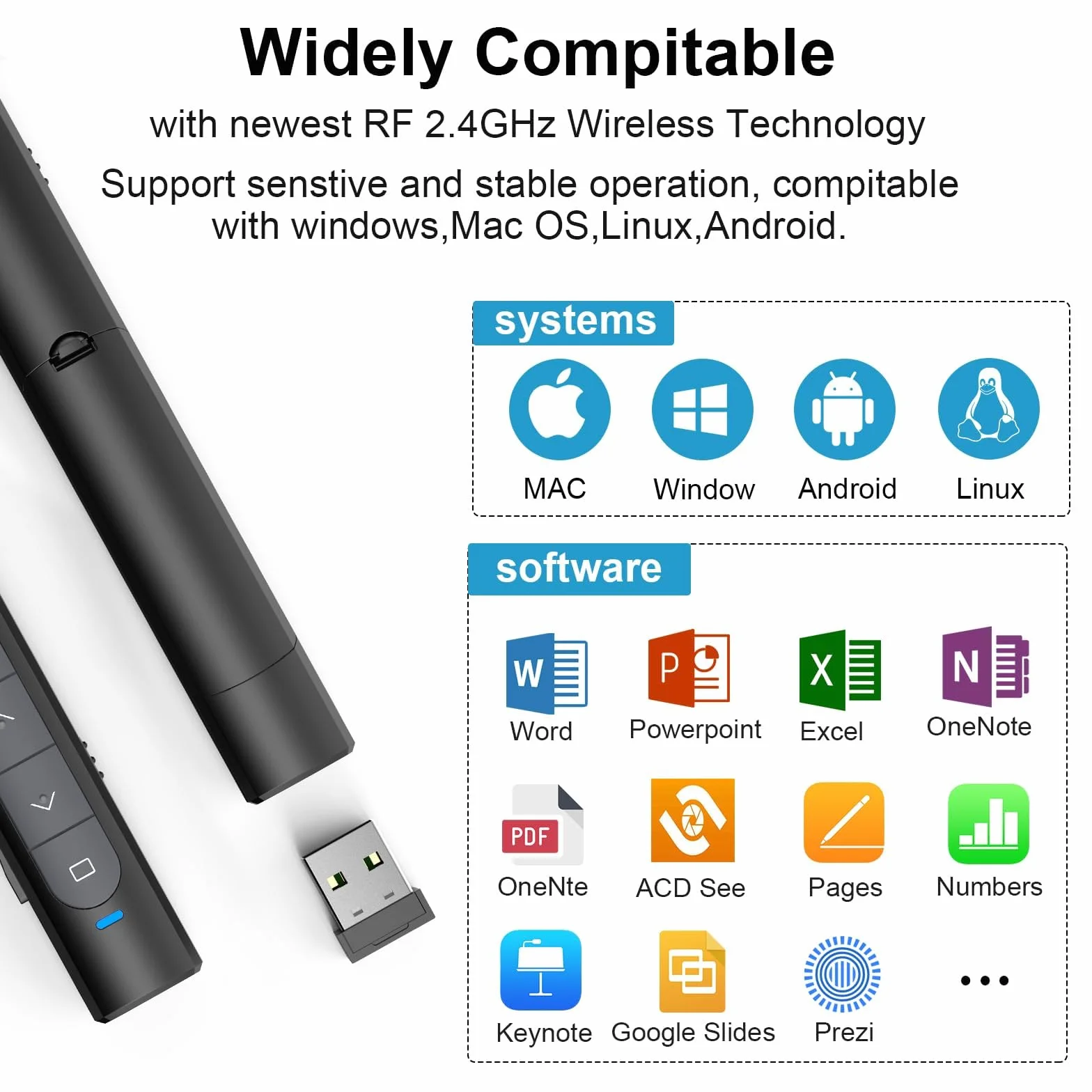 elzle Télécommande de présentation sans Fil 2,4 GHz avec récepteur USB, hyperlien & contrôle du Volume pour Mac, PC
