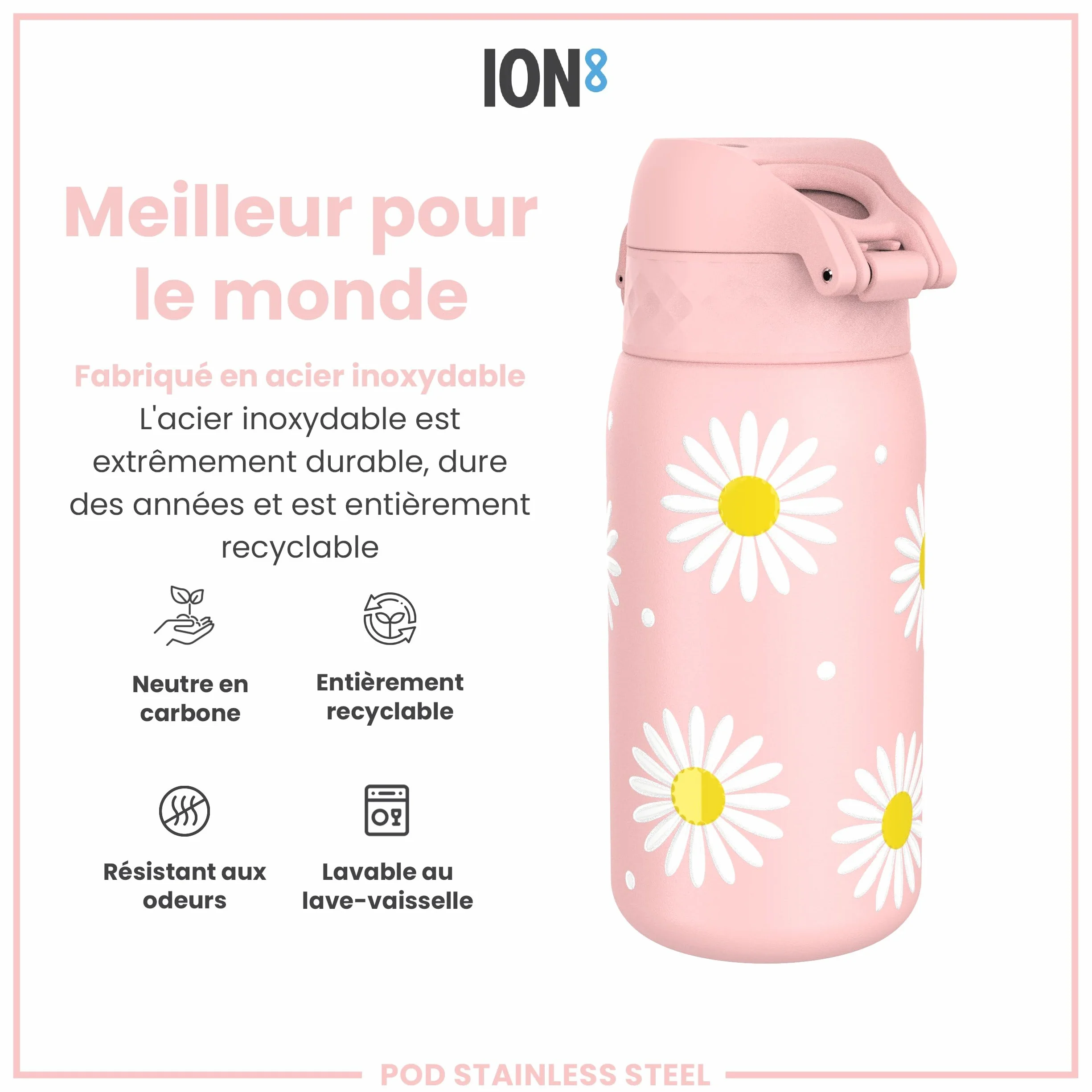 Ion8 Gourde Enfant Inox 400ml Anti-Fuite Verrouillage Sécurisé Lavable Lave-Vaisselle Acier Inoxydable Marguerites