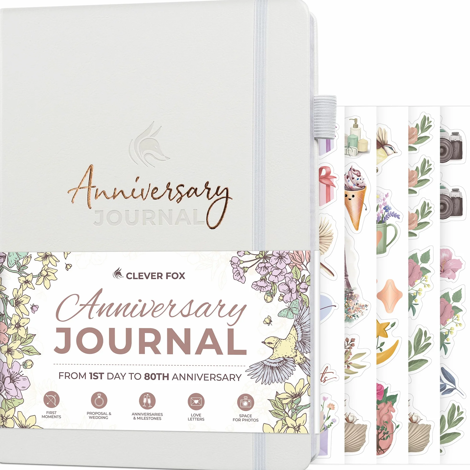 Clever Fox Journal d'anniversaire – Livre de souvenirs pour couple et album photo avec espace d'écriture – Cadeau de mariage (blanc)
